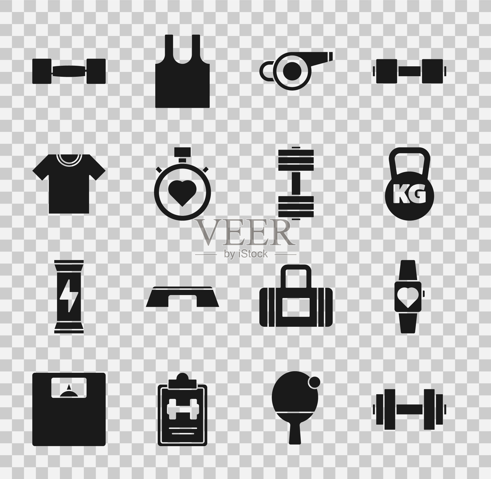 设置哑铃，智能手表，壶铃，哨子，心脏在中心秒表，t恤和图标。向量图标素材