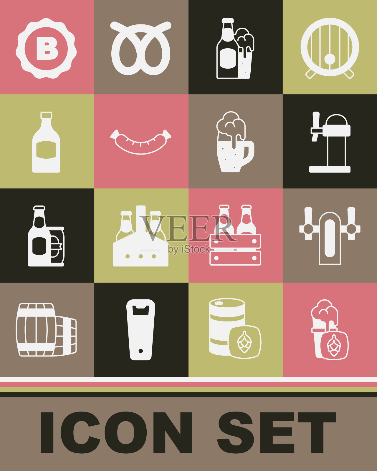 设置玻璃啤酒，啤酒龙头，饮水机，瓶子和玻璃，香肠，瓶盖和图标。向量图标素材