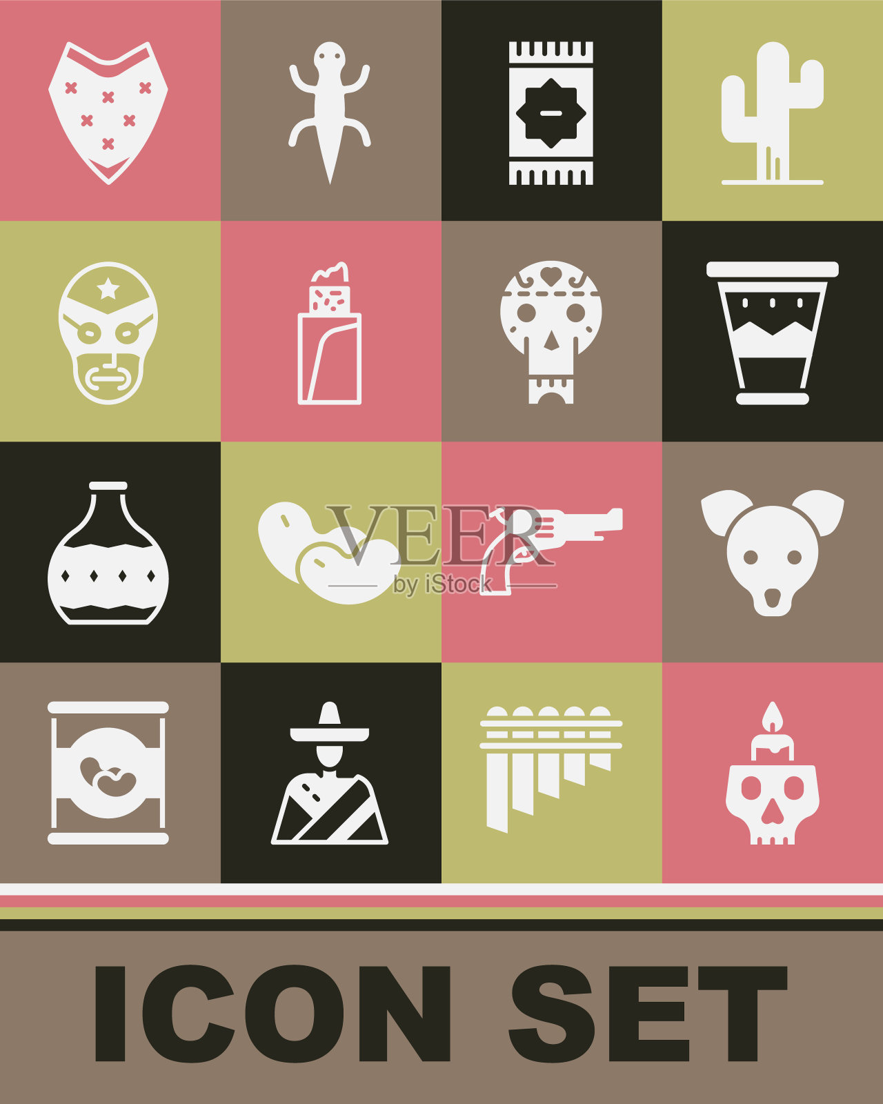 在头骨上设置燃烧的蜡烛，狗，墨西哥鼓，地毯，玉米煎饼，摔跤手，雨披和图标。向量图标素材