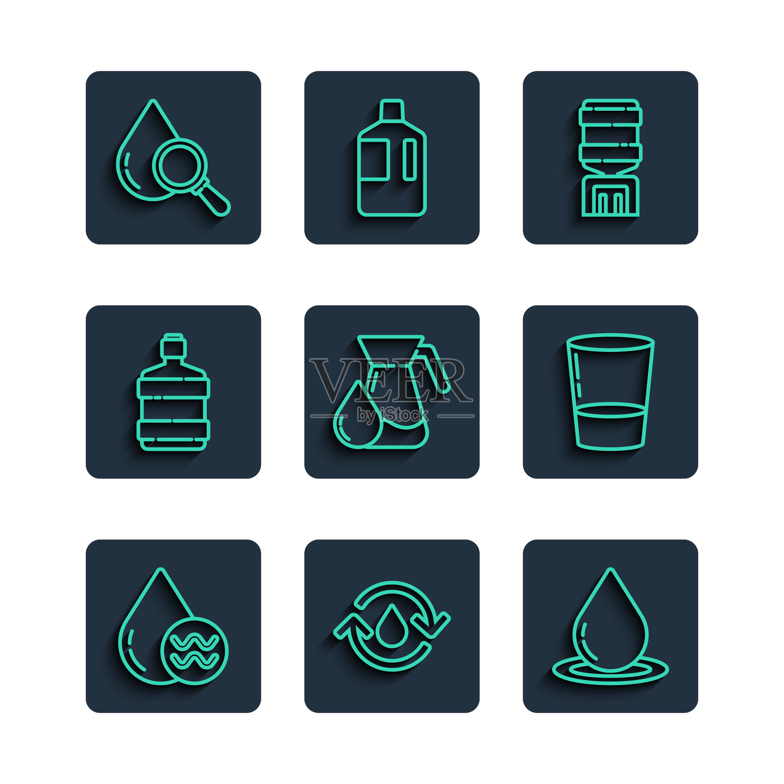 设置线回收清洁水，水滴，冷却器，水罐玻璃与水，大瓶子，水滴和放大镜和玻璃图标。向量图标素材