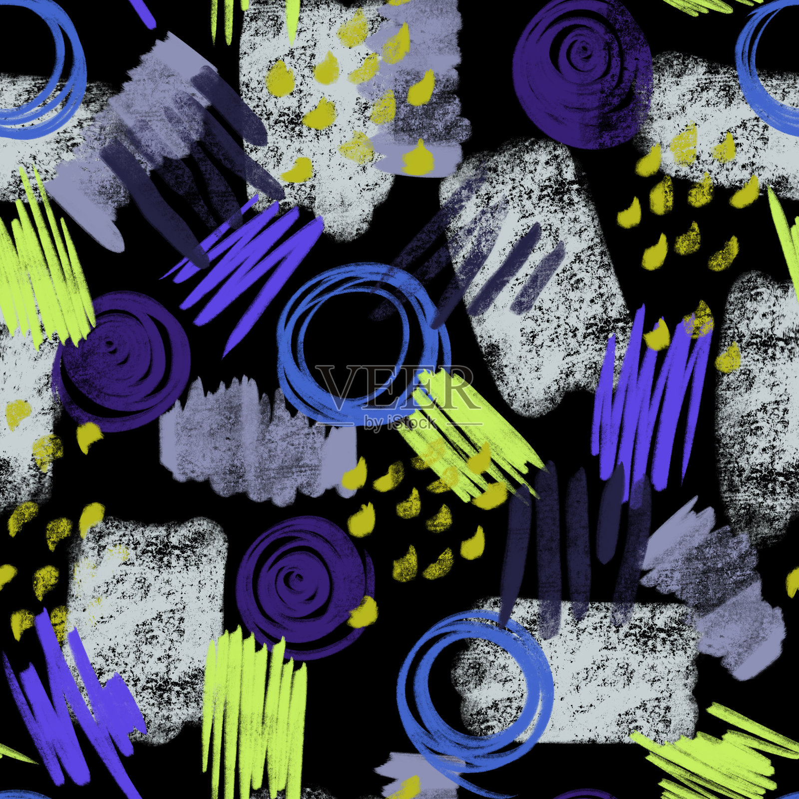 抽象几何无缝背景。手绘简单的图形，圆圈，舱口，笔画印迹，油漆污渍。素描风格。当代艺术图形。孟菲斯风格模式。纺织。插画图片素材