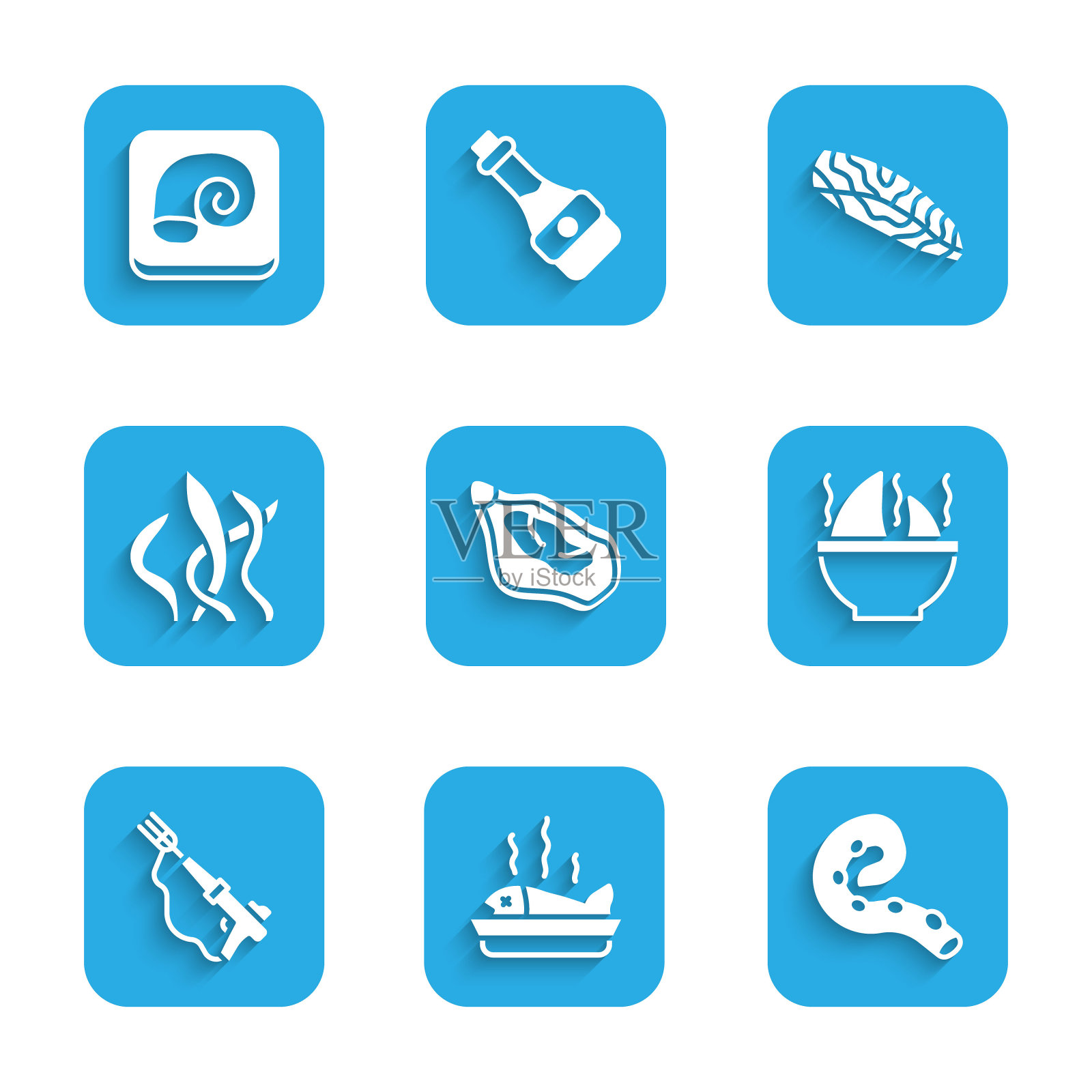 套装贻贝，盘中鱼类，章鱼触手，鱼翅汤，鱼叉，海藻，牛排和图标。向量图标素材