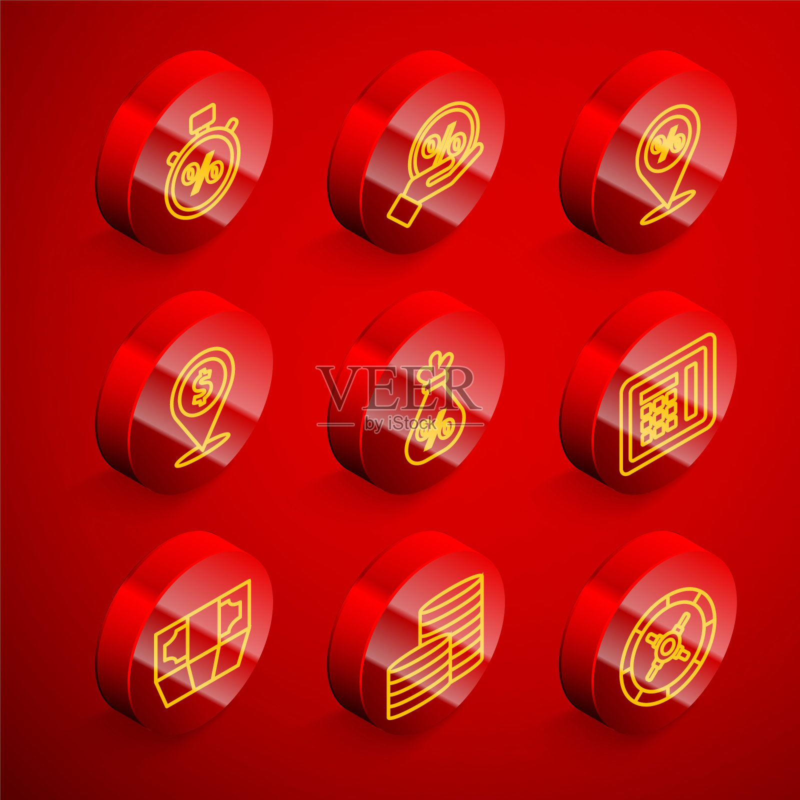 设置行秒表和百分比，折扣标签，折扣位置，现金位置，钱袋，保险箱，叠纸钱现金和硬币图标。向量图标素材