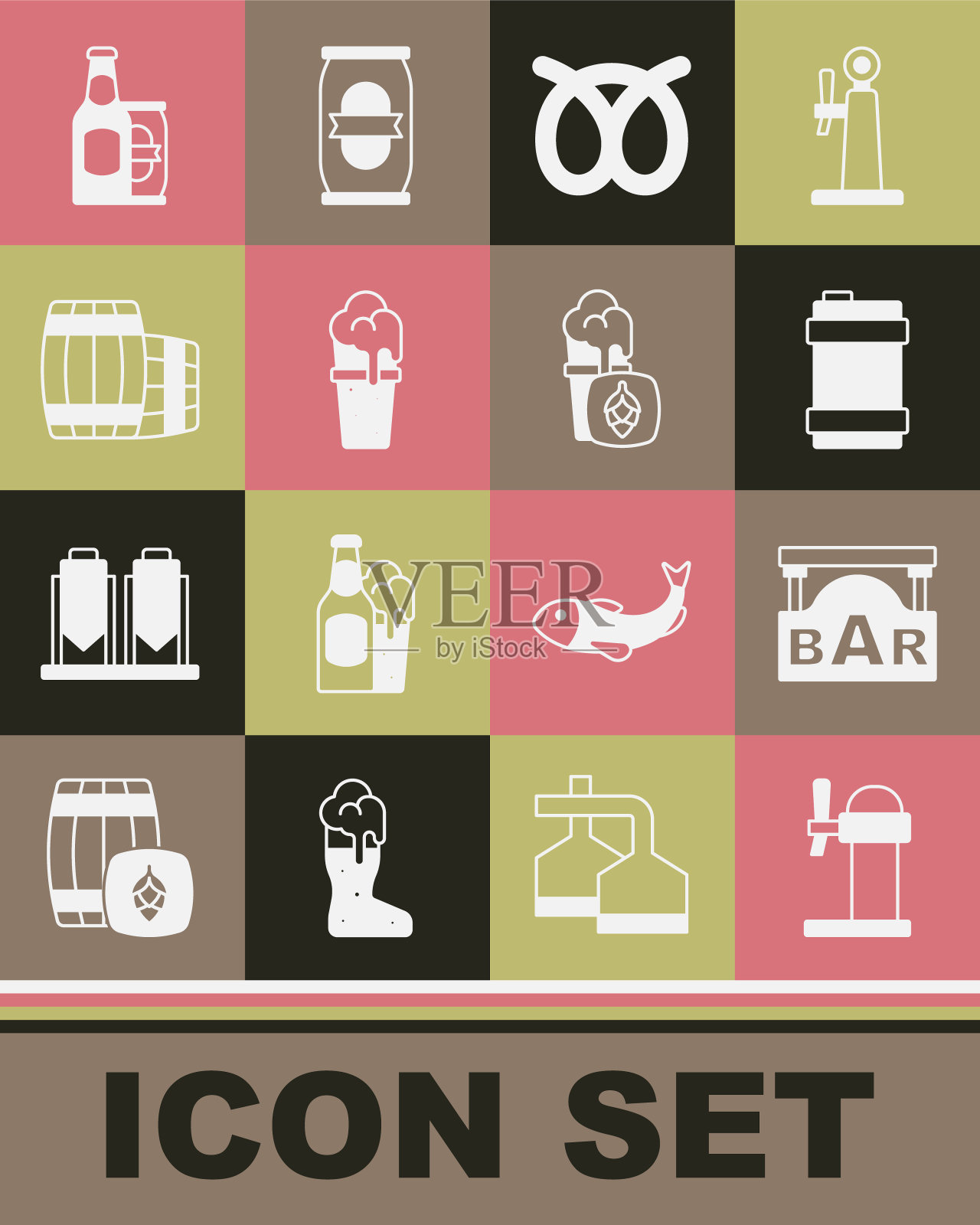 设置饮料机啤酒，街头招牌与酒吧，金属桶，椒盐卷饼，玻璃，木桶，啤酒瓶和罐和图标。向量图标素材