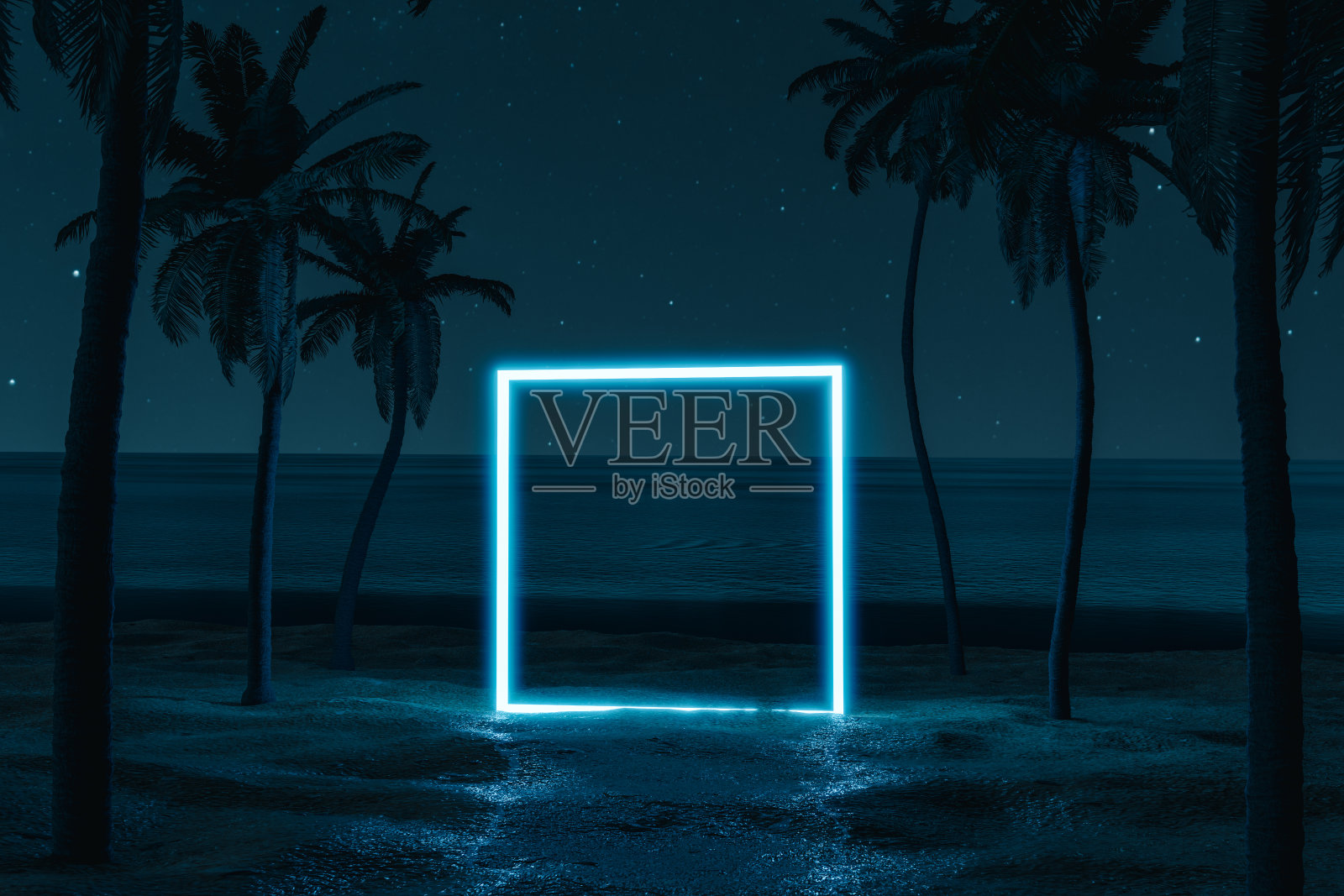 在沙滩和棕榈大道上照明的方形框架的三维渲染照片摄影图片