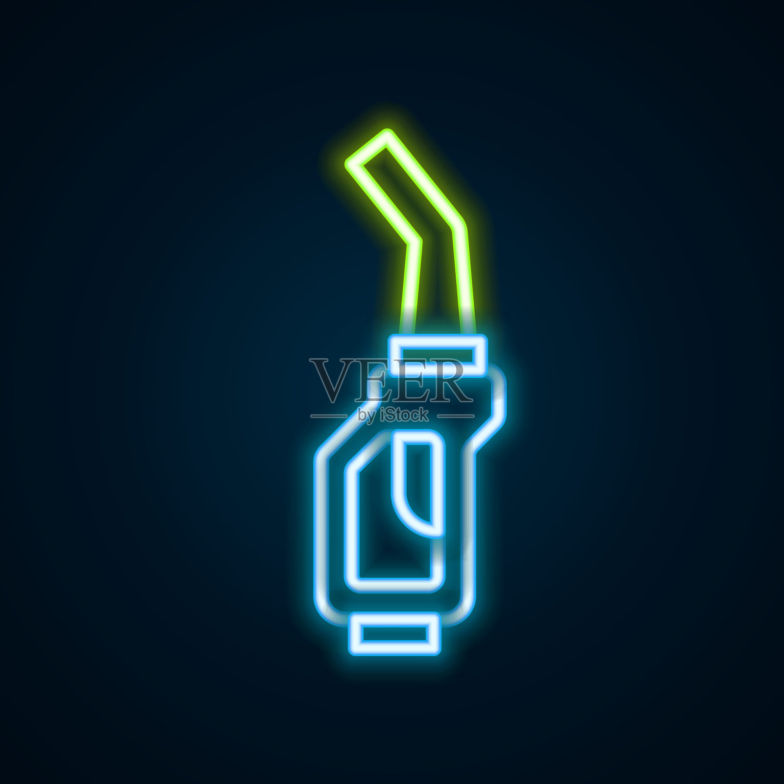 发光的霓虹灯线汽油泵喷嘴图标孤立在黑色背景上。加油站的油泵。加油服务标志。加油站图标。色彩斑斓的轮廓的概念。向量插画图片素材