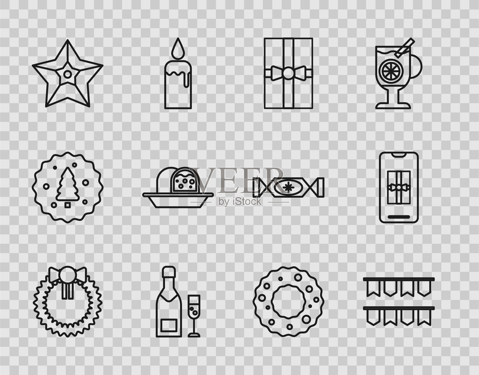 设置线圣诞花环，嘉年华花环与旗帜，礼品盒，香槟酒瓶，香槟玻璃，星星，杏仁蛋白海绵蛋糕，和智能手机礼物图标。向量图标素材