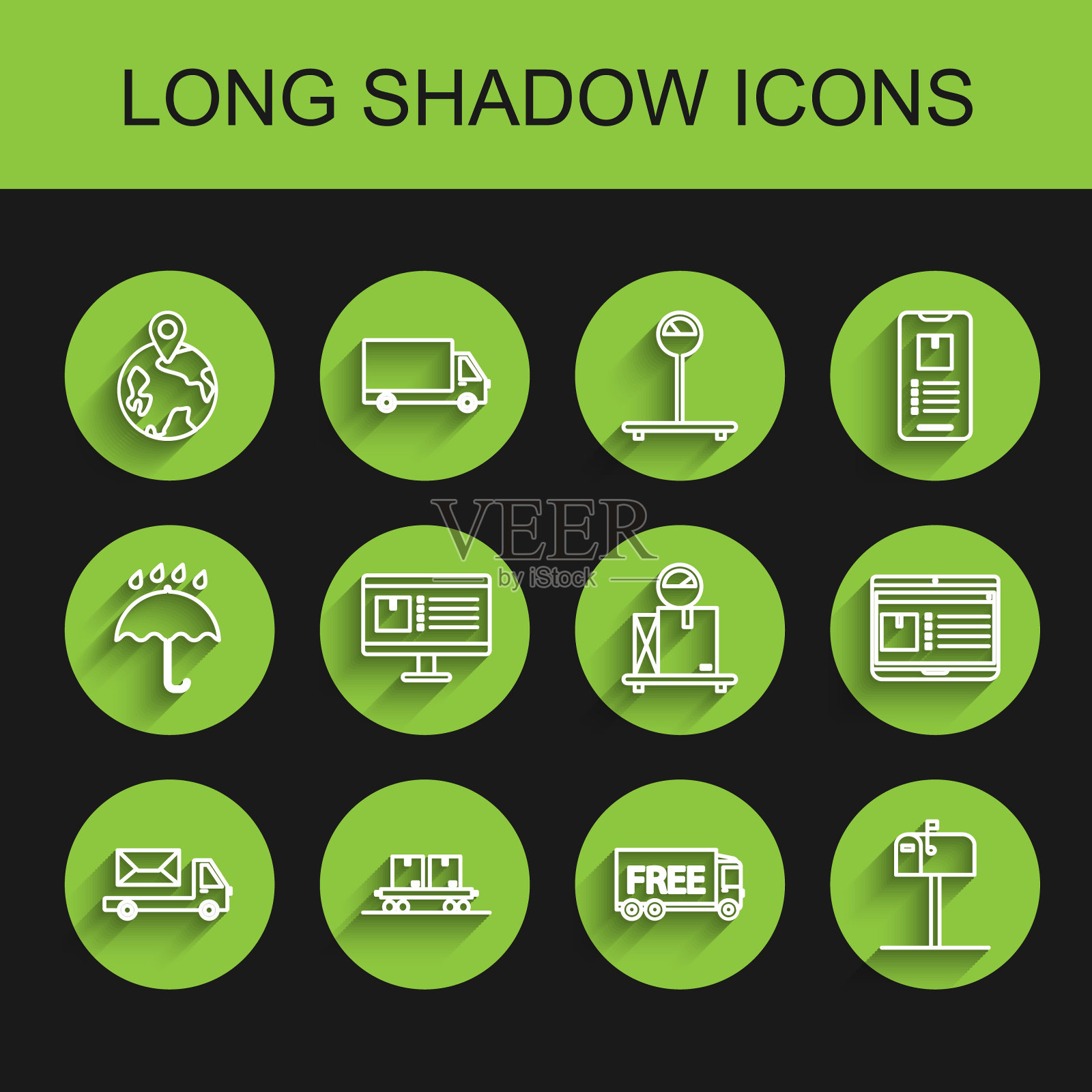 设置线邮政卡车，铁路车厢，全球，免费送货服务，打开邮箱，电脑显示器与应用程序跟踪，笔记本电脑和规模纸板图标。向量插画图片素材