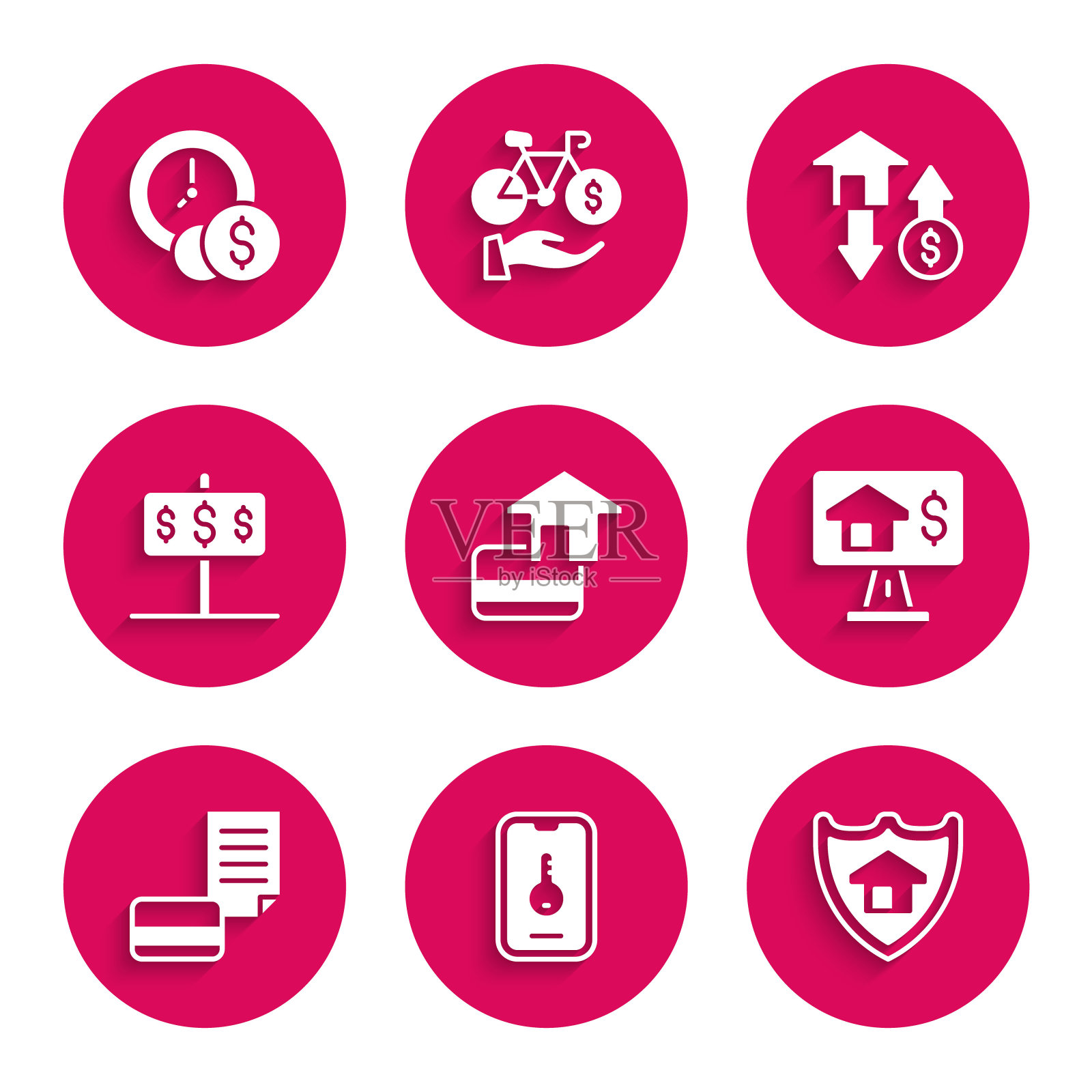 设置信用卡，在线房地产，带盾的房子，美元，和时间是金钱的图标。向量图标素材