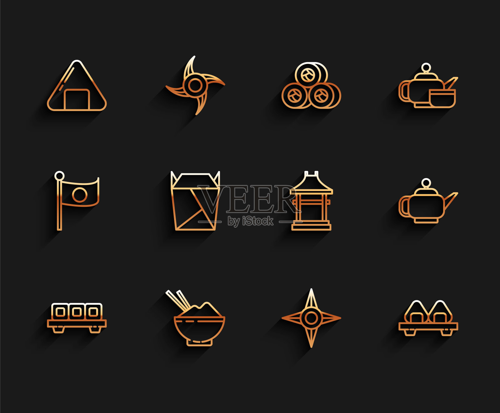 设置寿司线砧板，米饭碗用筷子，日本忍者飞镖，餐厅开了，外卖盒装满，茶道和门图标。向量图标素材