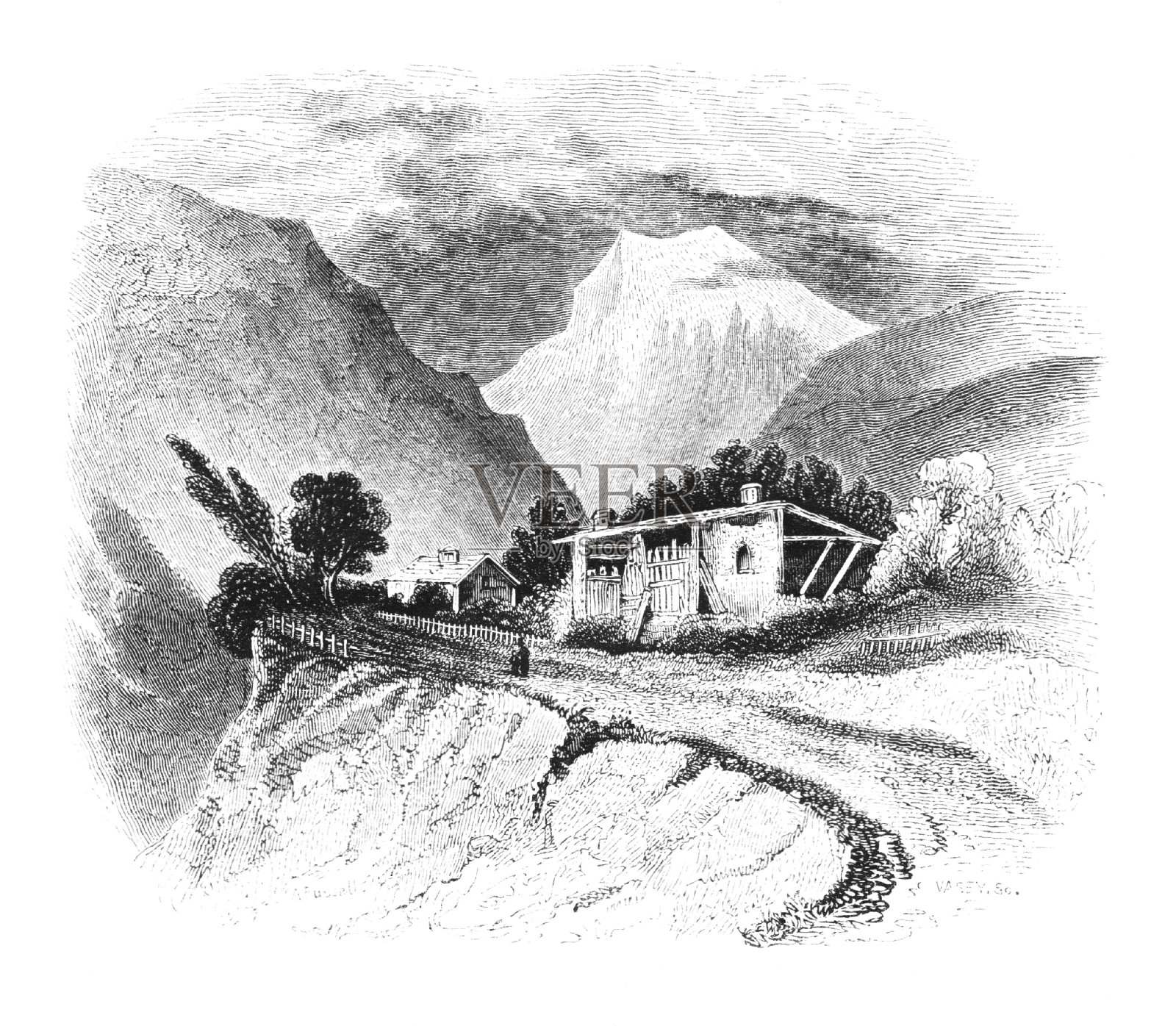 勃朗峰，19世纪瑞士阿尔卑斯山插画图片素材