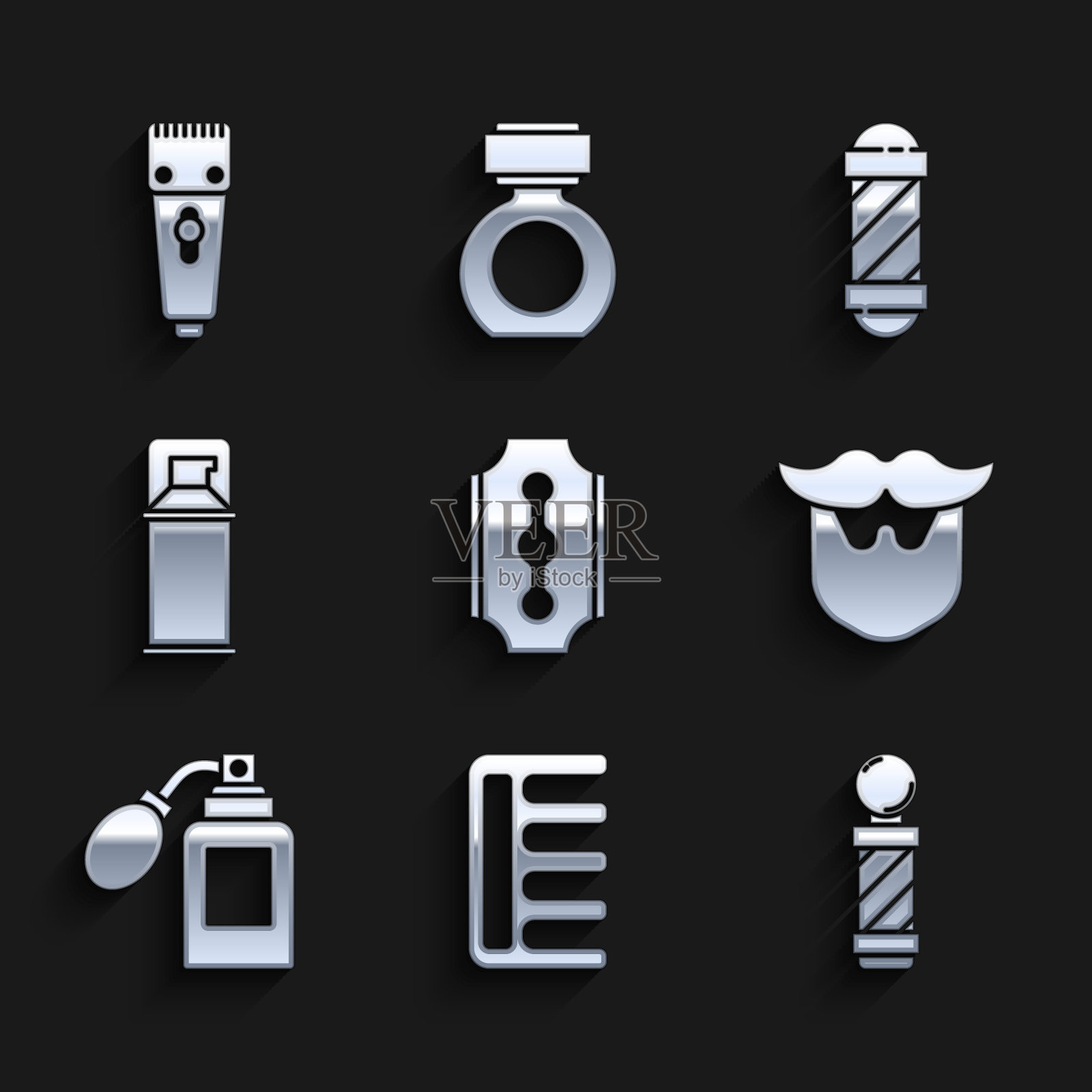 设置刀片剃须刀，发刷，经典理发店杆，胡子和胡须，须后水瓶雾化器，剃须凝胶泡沫，和电动剃须刀剃须刀图标。向量图标素材