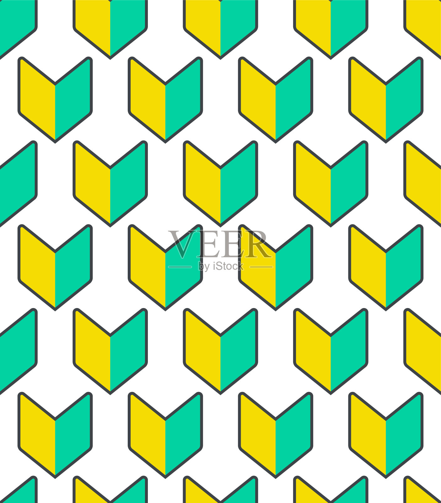 日本新手驾驶员矢量标志无缝模式。一个绿色和黄色的V形符号，称为Shoshinsha Wakaba标志。插画图片素材