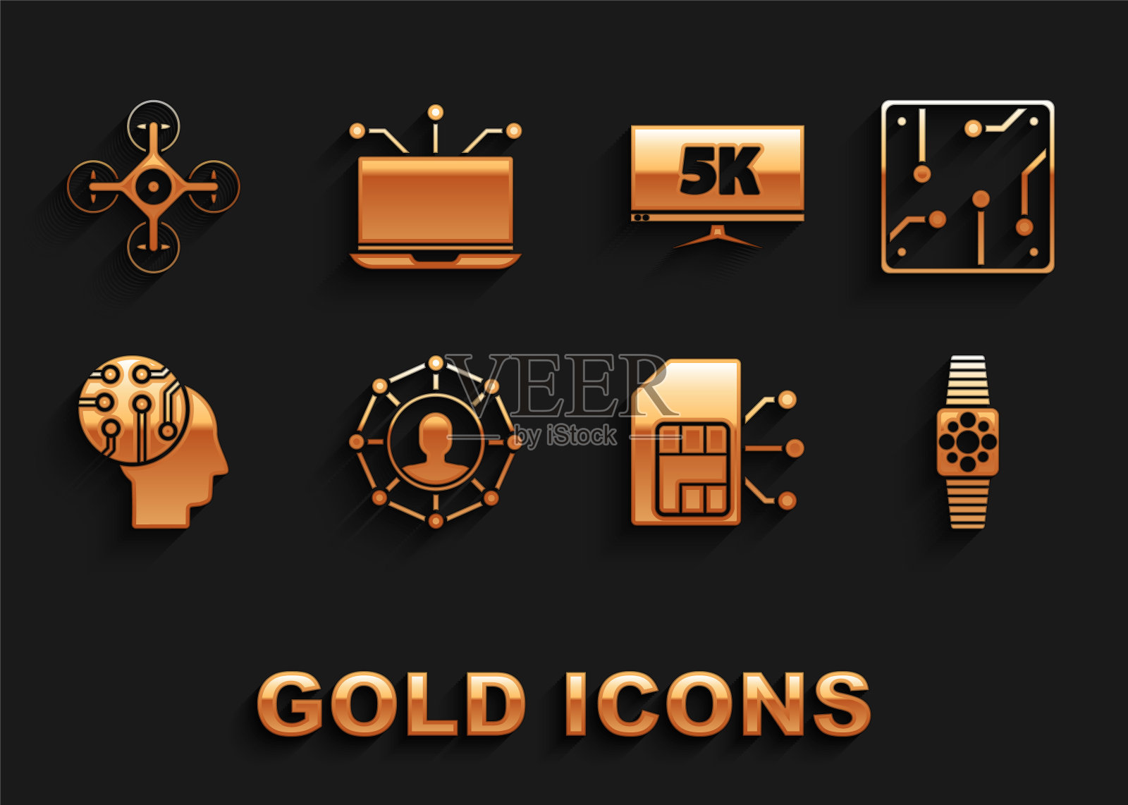 设置项目团队基地，处理器，智能手表，Sim卡，人脑数字电路板，显示器显示5k视频，无人机和笔记本电脑图标。向量图标素材