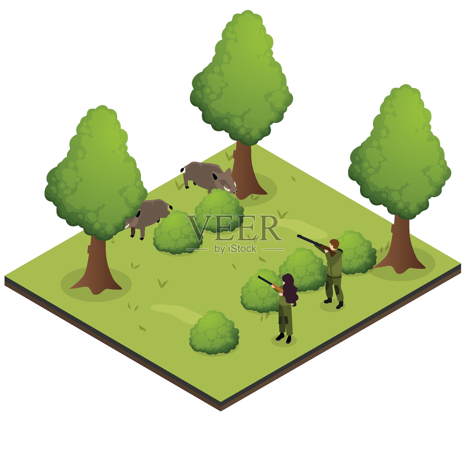 猎人瞄准在狩猎季节的野猪等距3d插画图片素材