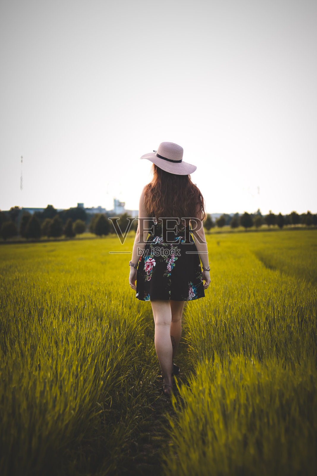 一个年轻的女人穿着花裙子，穿过贝斯基山脉附近的绿色田野。一个漂亮女人梳理头发的率直肖像。天真快乐的表情照片摄影图片