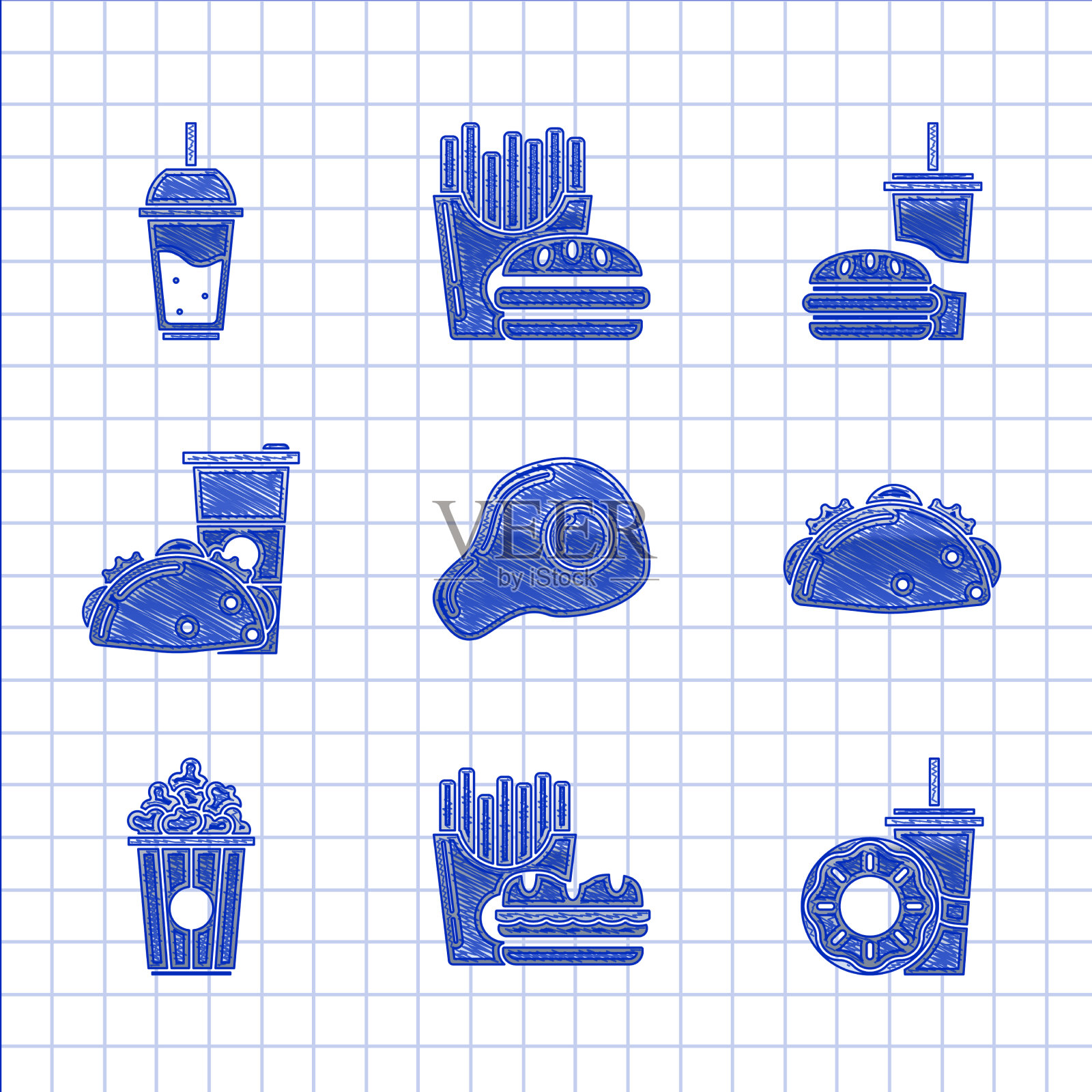 设置炒鸡蛋，汉堡和炸薯条图标素材