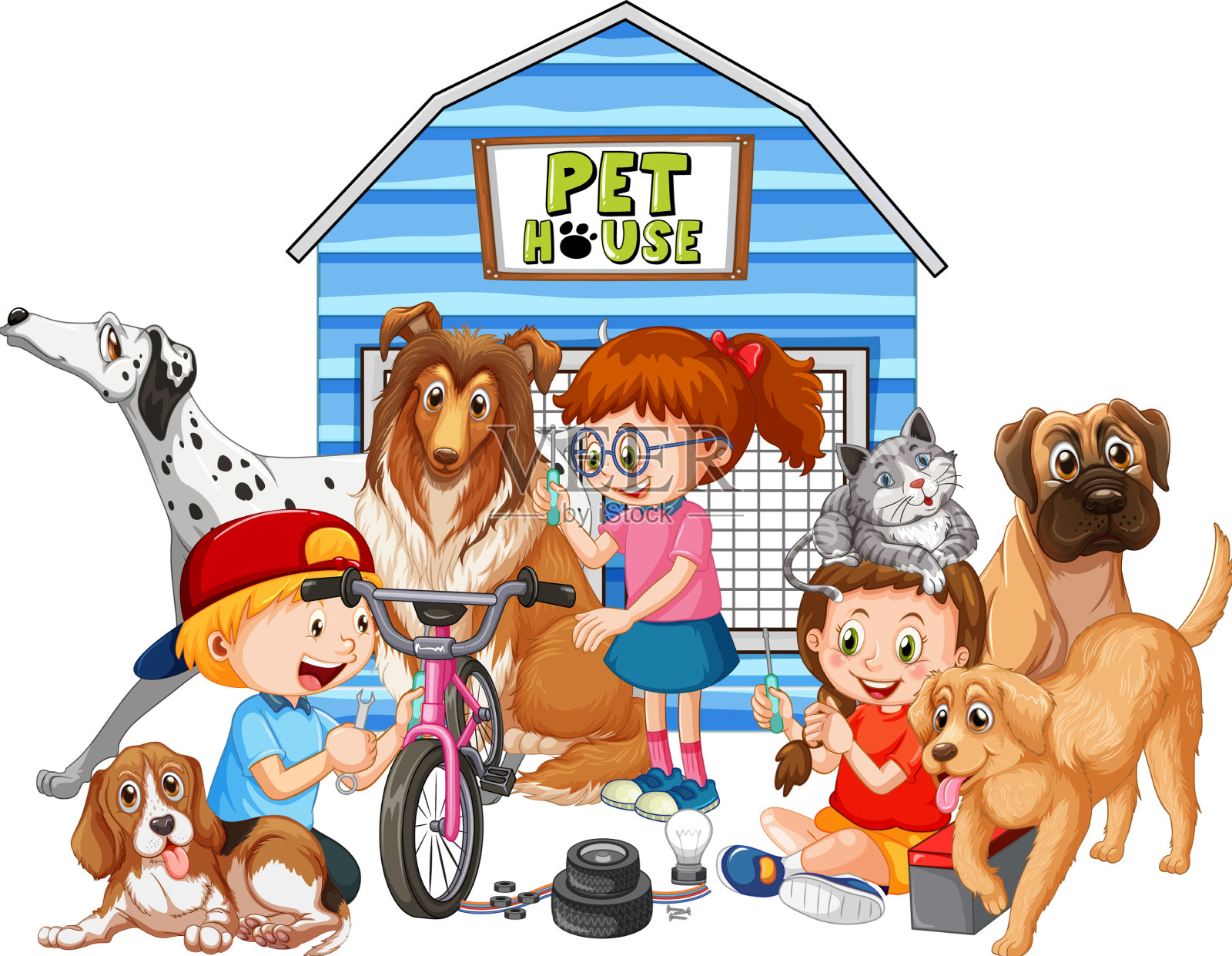 快乐的孩子和他们的狗设计元素图片