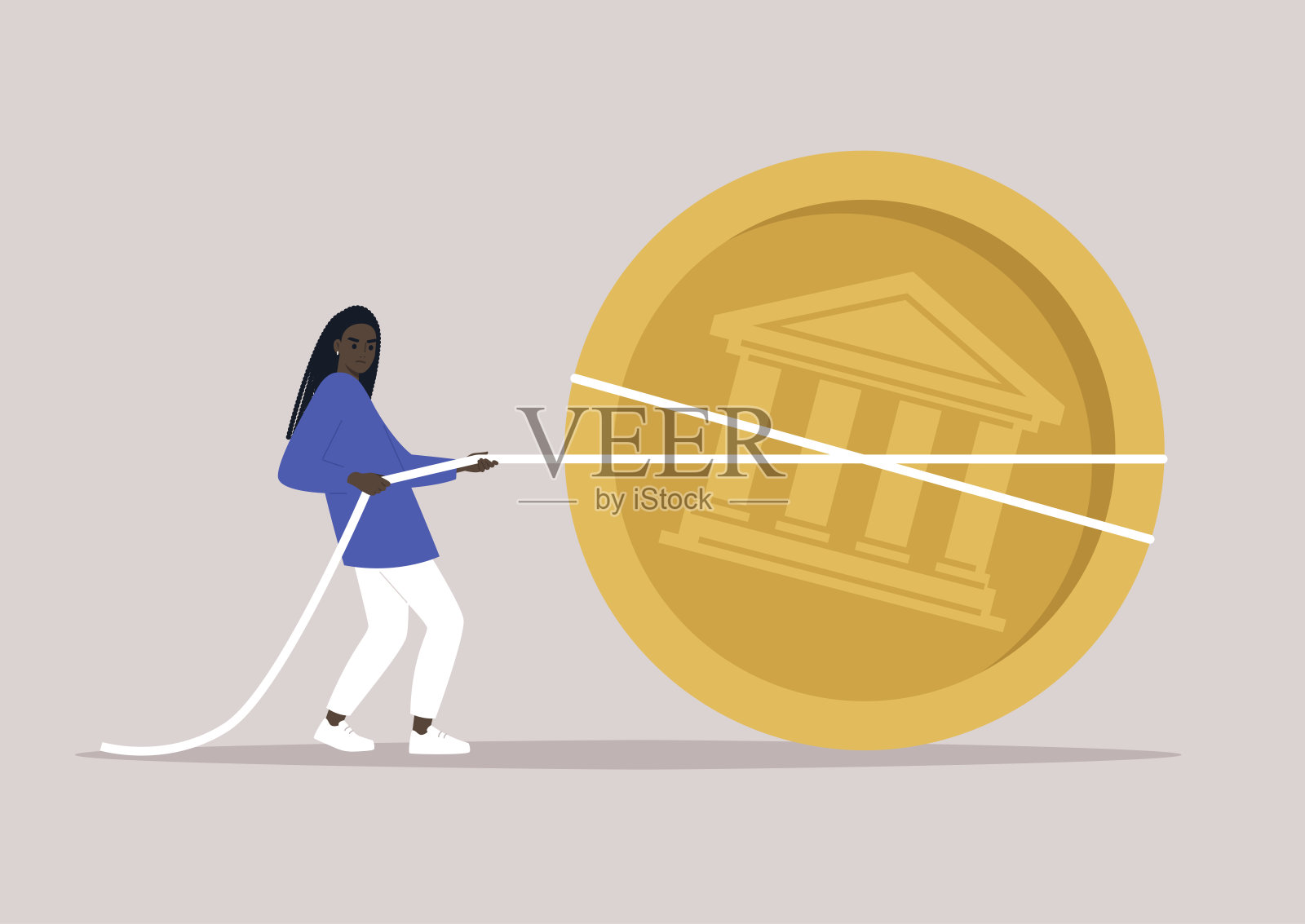 创业融资:年轻的角色拉着一枚巨大的金币，在商业上拔河，募捐活动插画图片素材