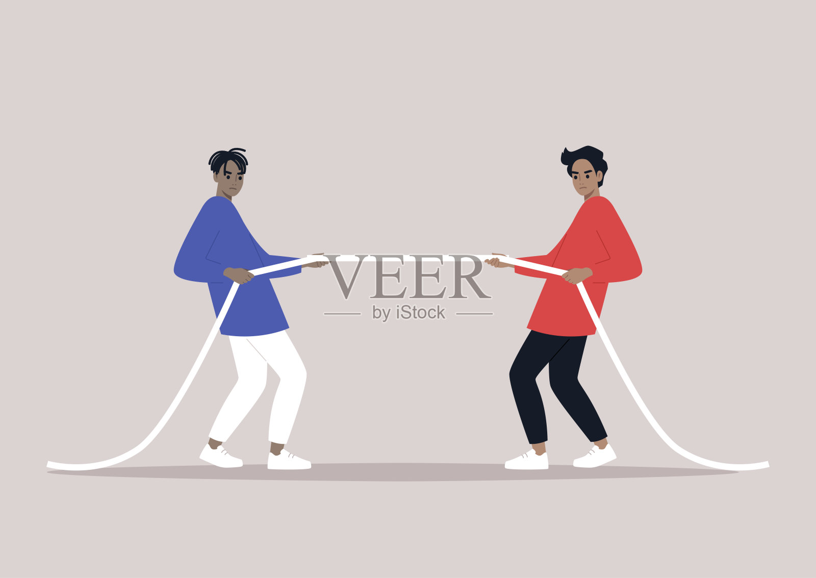 拔河比赛，两个角色向相反的方向拉一根绳子插画图片素材
