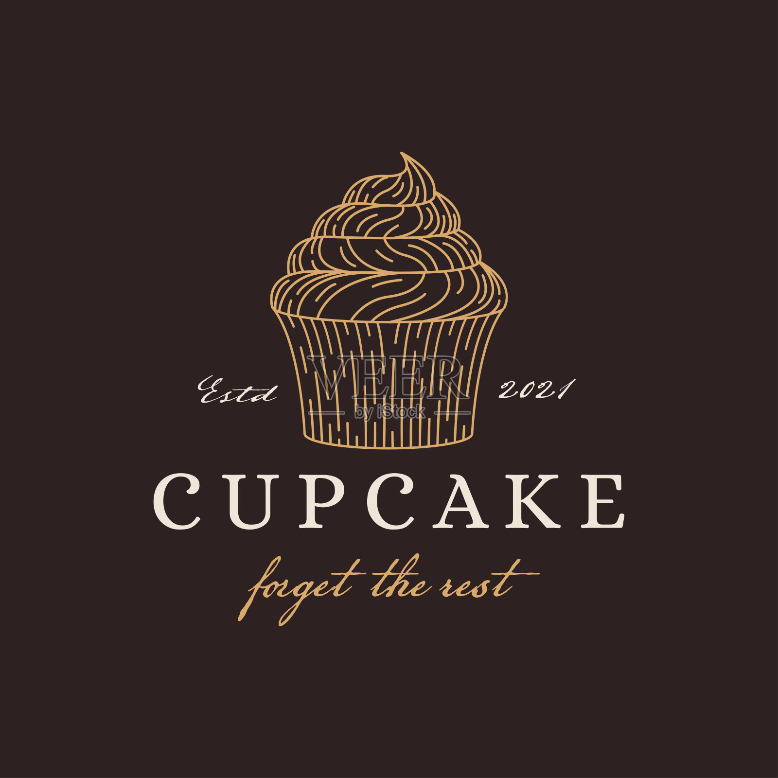 复古线条艺术纸杯蛋糕标志图标矢量在黑暗的背景插画图片素材