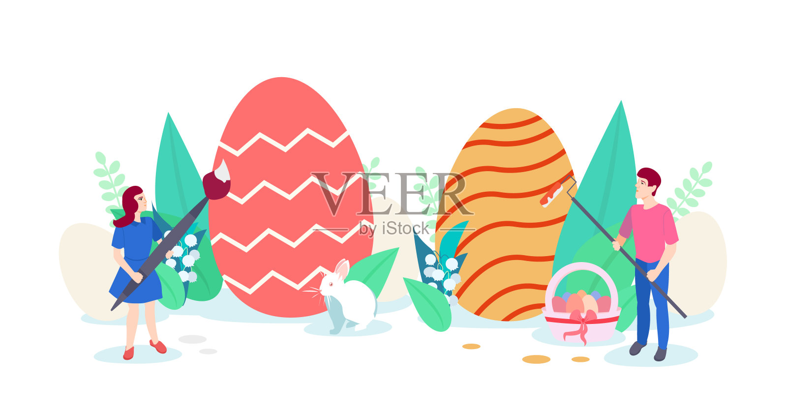 复活节快乐。节日插图在平面卡通风格可用于贺卡，海报，横幅。孩子们用画笔在复活节彩蛋上画画。插画图片素材