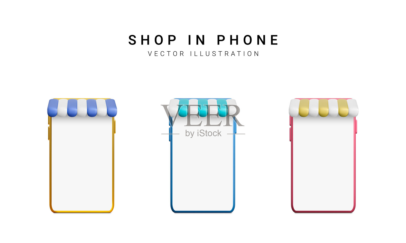 设置彩色3d逼真的存储在您的手机在白色背景。矢量图插画图片素材