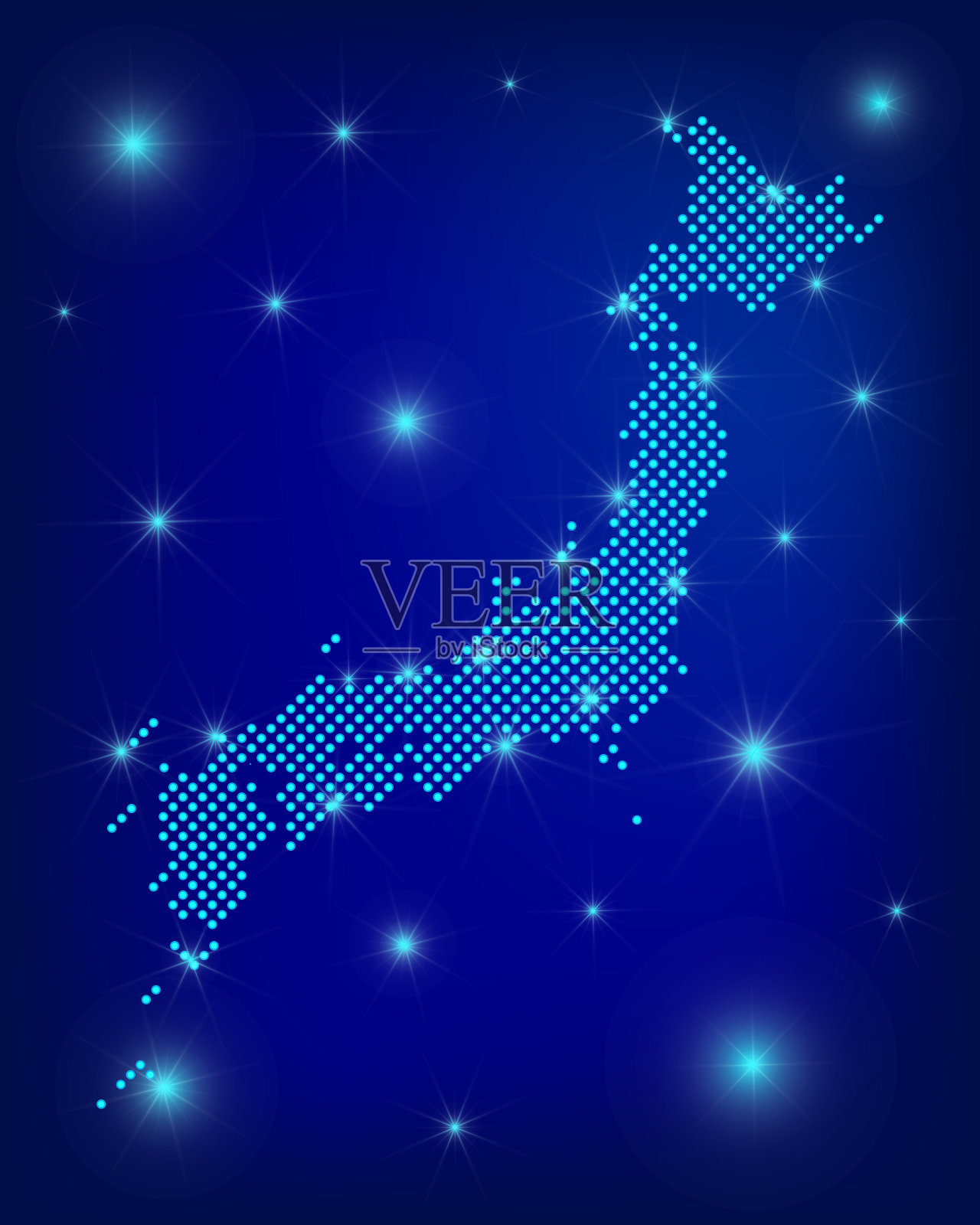 日本地图是蓝色的。点地图。点日本地图与聚光灯在深蓝色的背景。全球社交网络。蓝色未来派背景与点地图。EPS10插画图片素材