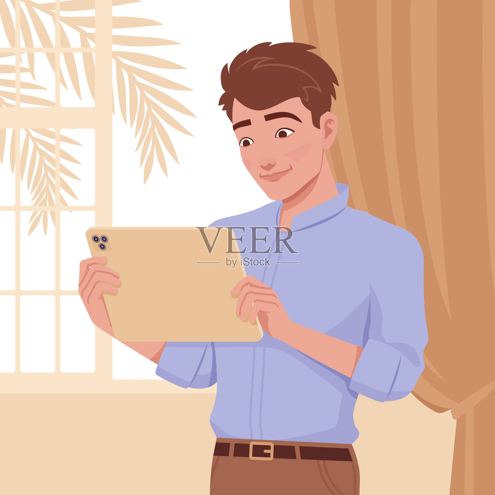 年轻英俊的商人，快乐的自由职业者，忙于平板电脑的工作插画图片素材