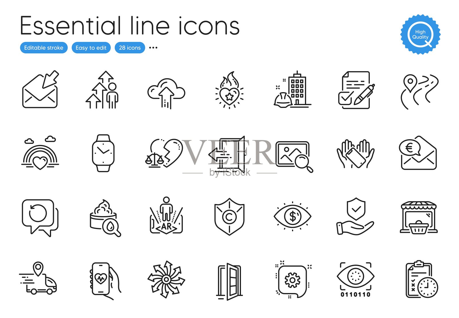 欧元货币，考试时间和增强现实线图标。供网站、印刷及申请使用。向量图标素材