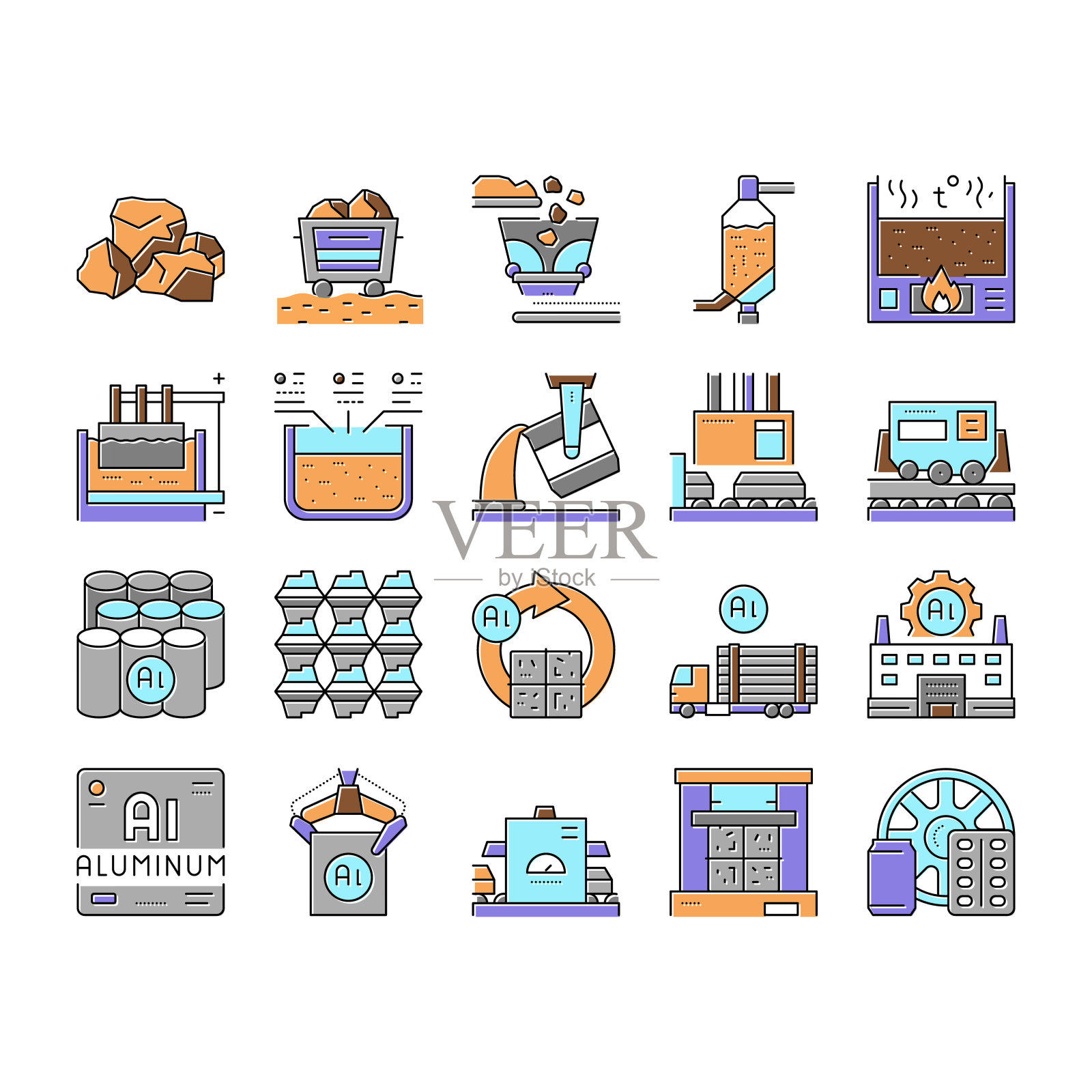 铝生产收集图标集向量。图标素材