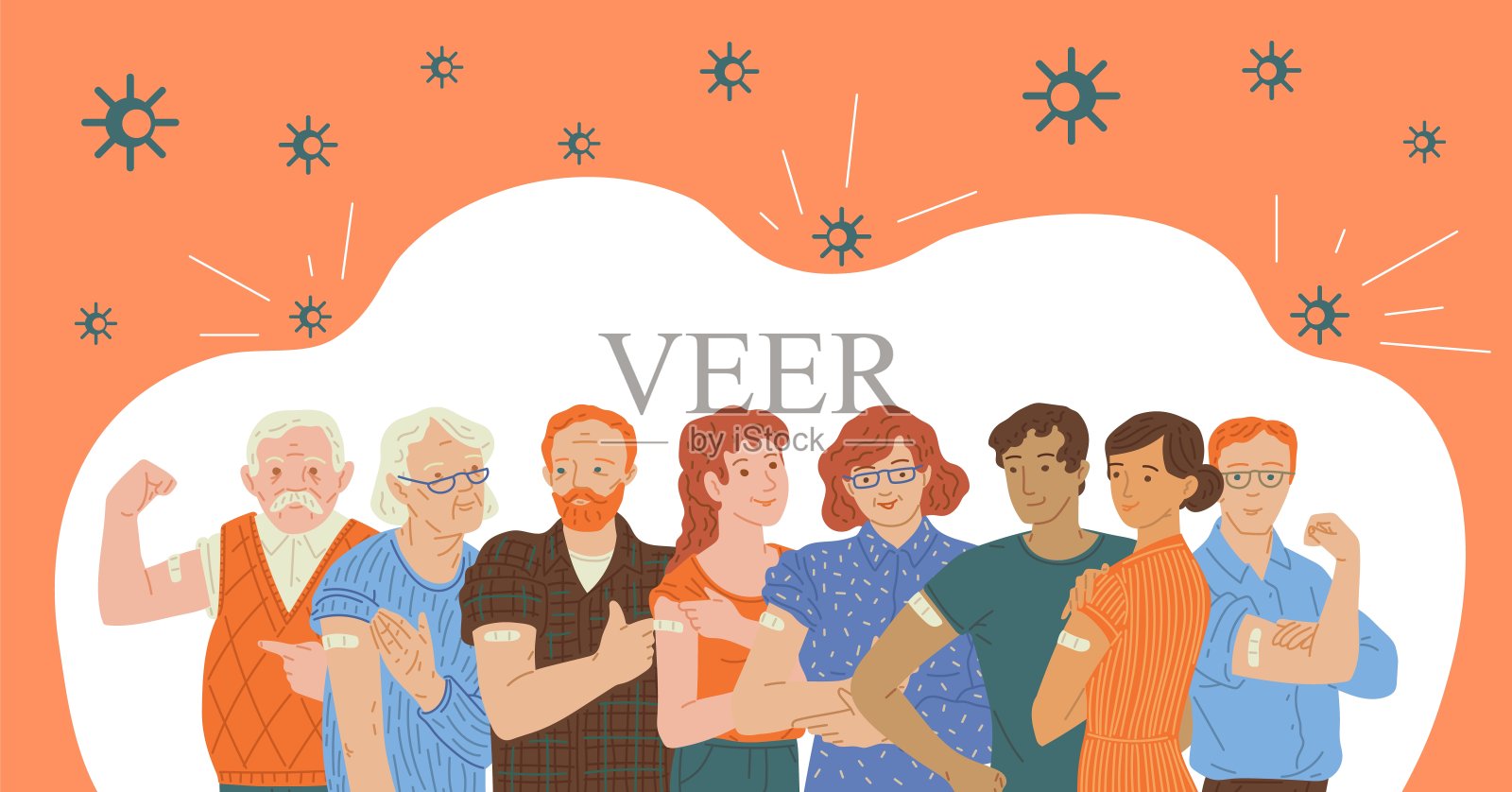 一群接种疫苗的人被病毒包围，平面矢量图。插画图片素材