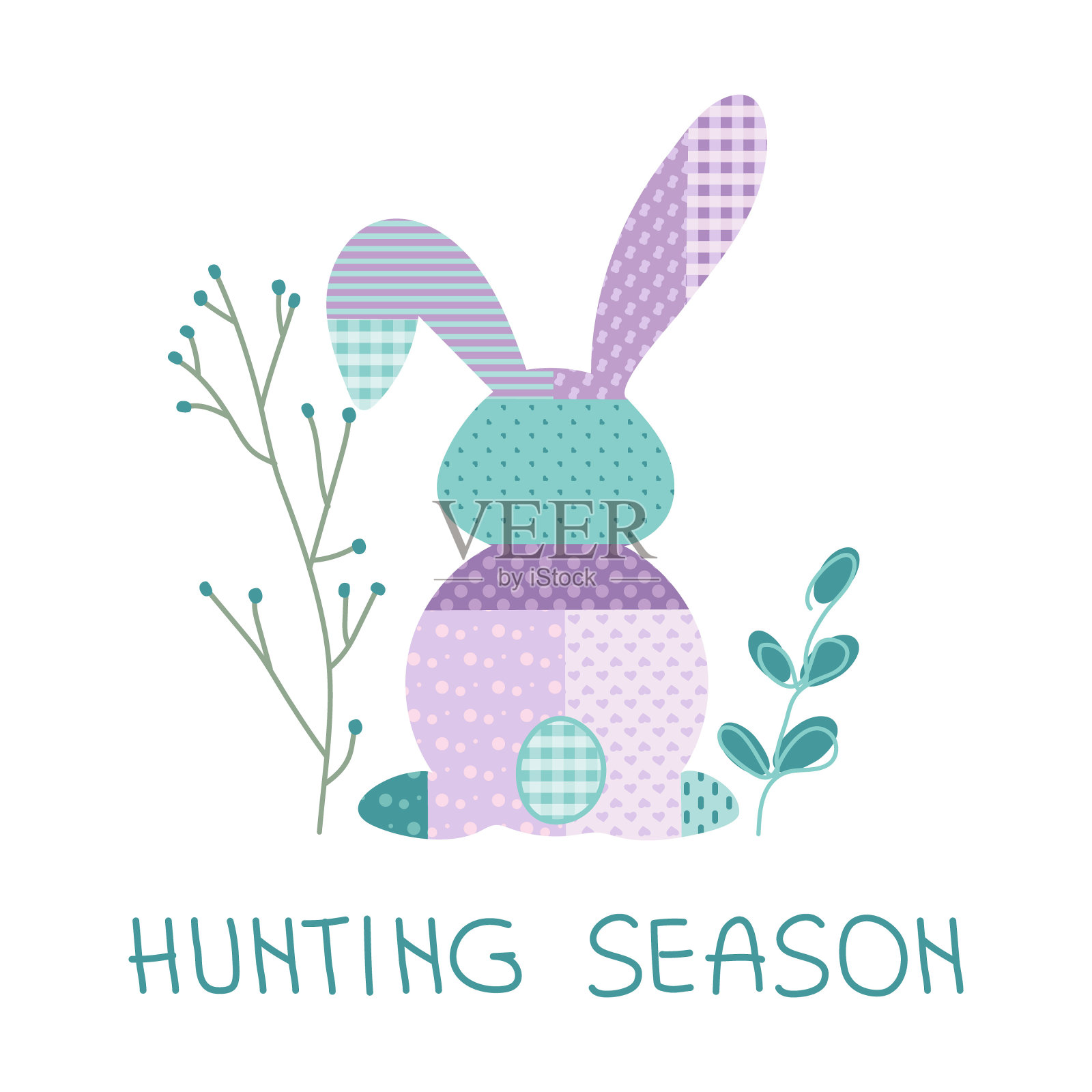 快乐的复活节矢量插图兔子或兔子，组成花，和字母在柔和的格子图案平面设计，波普艺术风格。插画图片素材