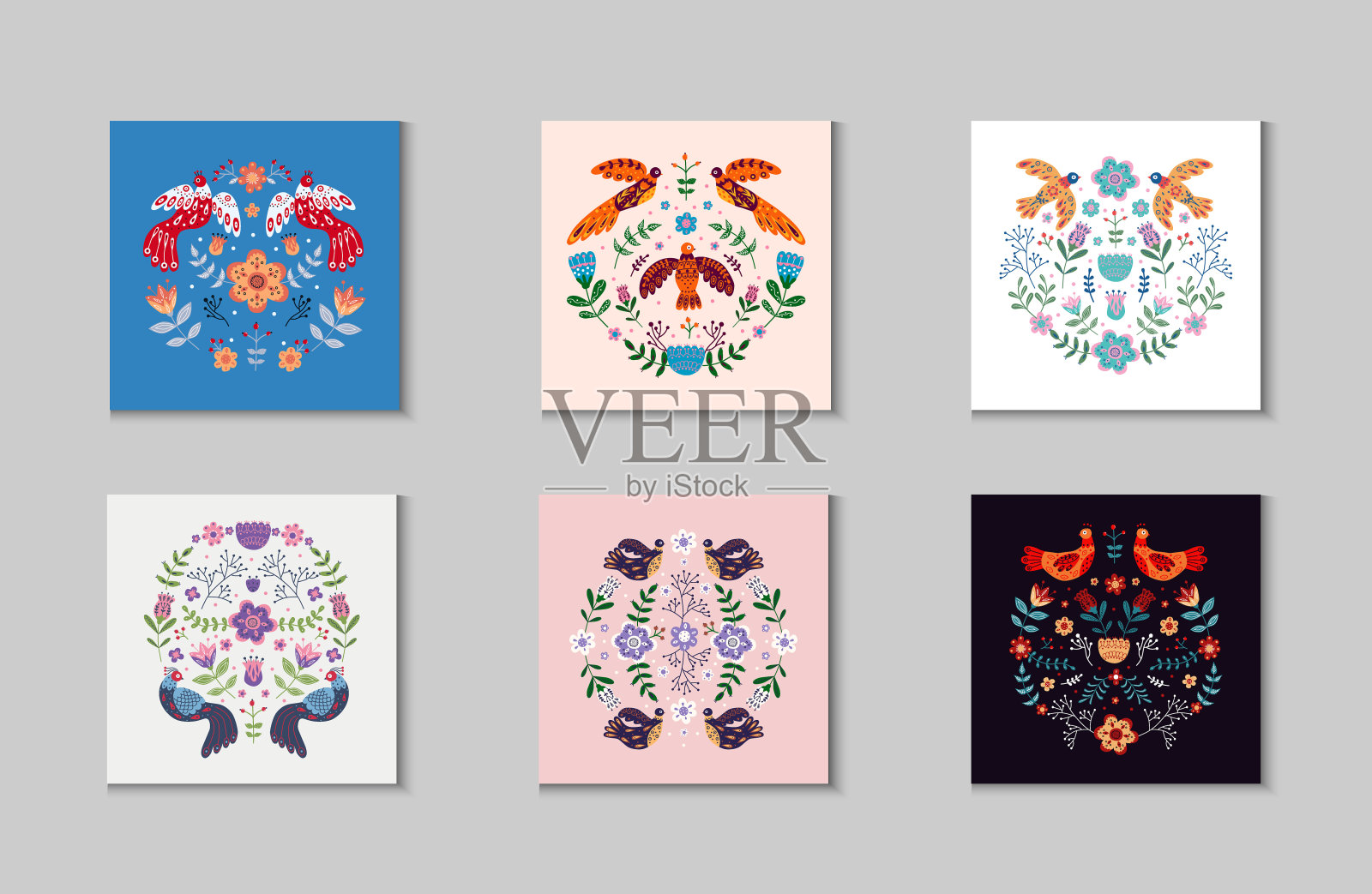 载体饰品，以各种鸟、花、叶和不同的民间成分。斯堪的纳维亚风格的主题。民族平面插图与北欧详细在流行的颜色插画图片素材