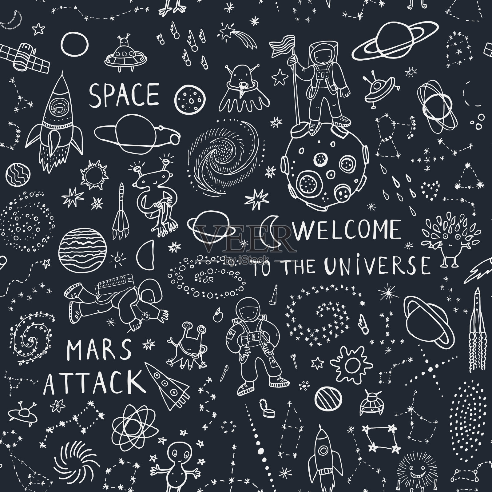 太空行星搞笑涂鸦宇宙物体矢量无缝模式插画图片素材