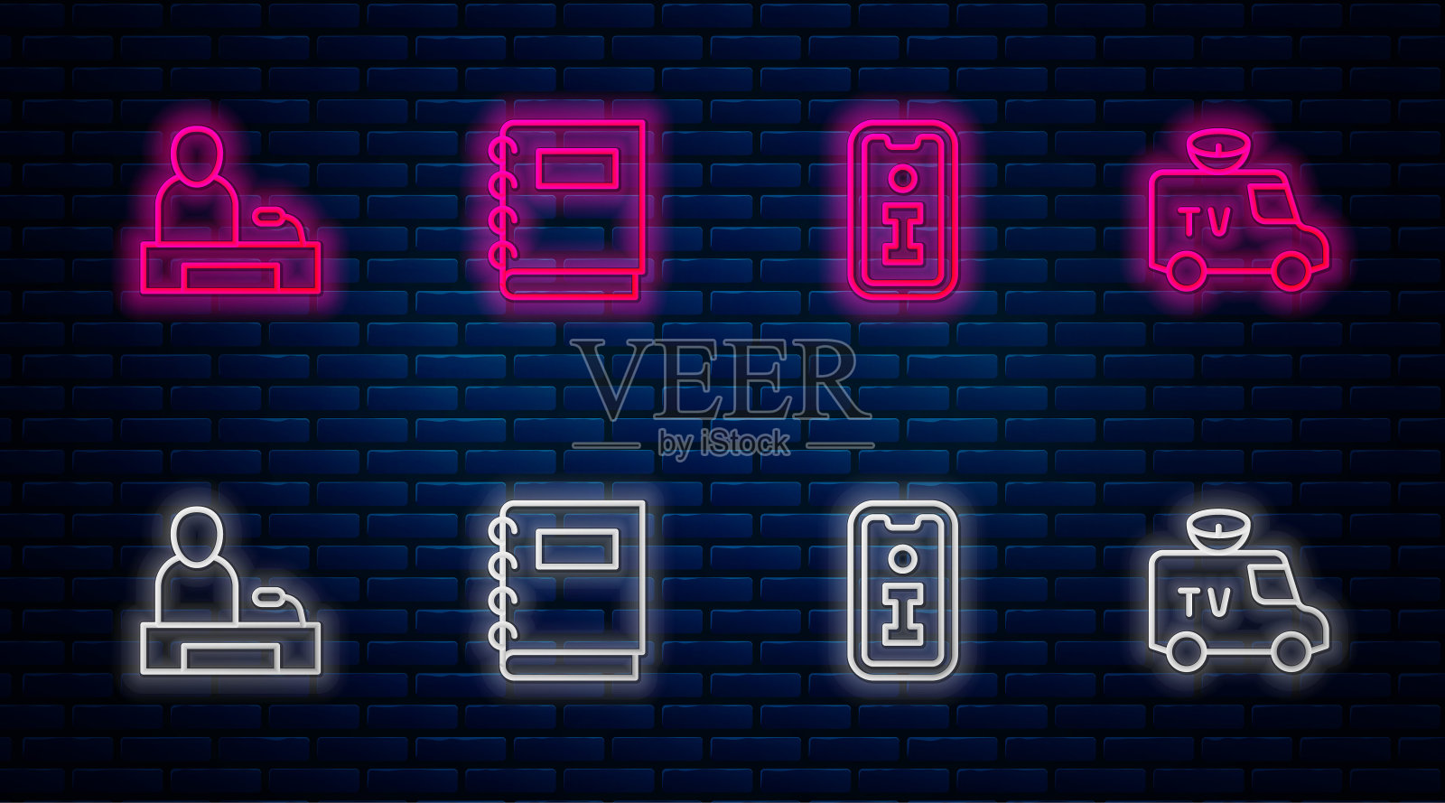 设有线上记事本、资讯、电视报道、电视新闻车。砖墙上闪烁的霓虹灯图标。向量图标素材