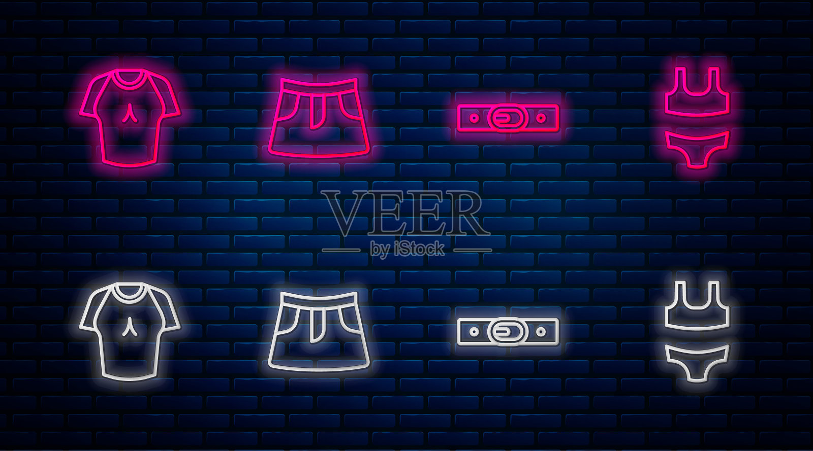 设置线裙，皮带，t恤和泳衣。砖墙上闪烁的霓虹灯图标。向量插画图片素材
