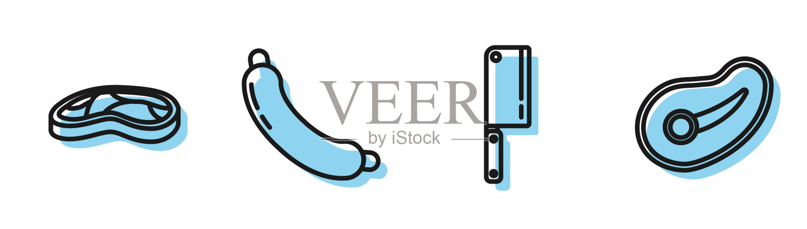 设置线上肉菜刀，牛排肉，香肠和牛排肉图标。向量插画图片素材