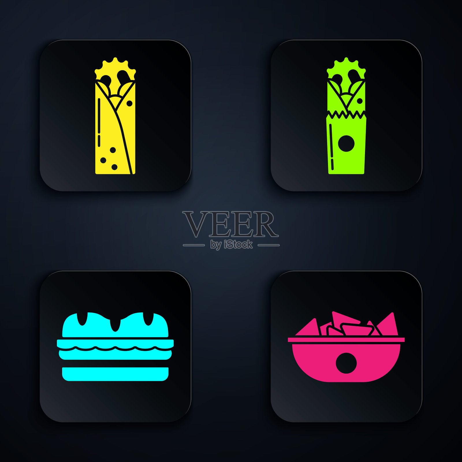 把烤干酪辣味玉米片放在盘子里，烤肉串，三明治和烤肉串。黑色方形按钮。向量图标素材