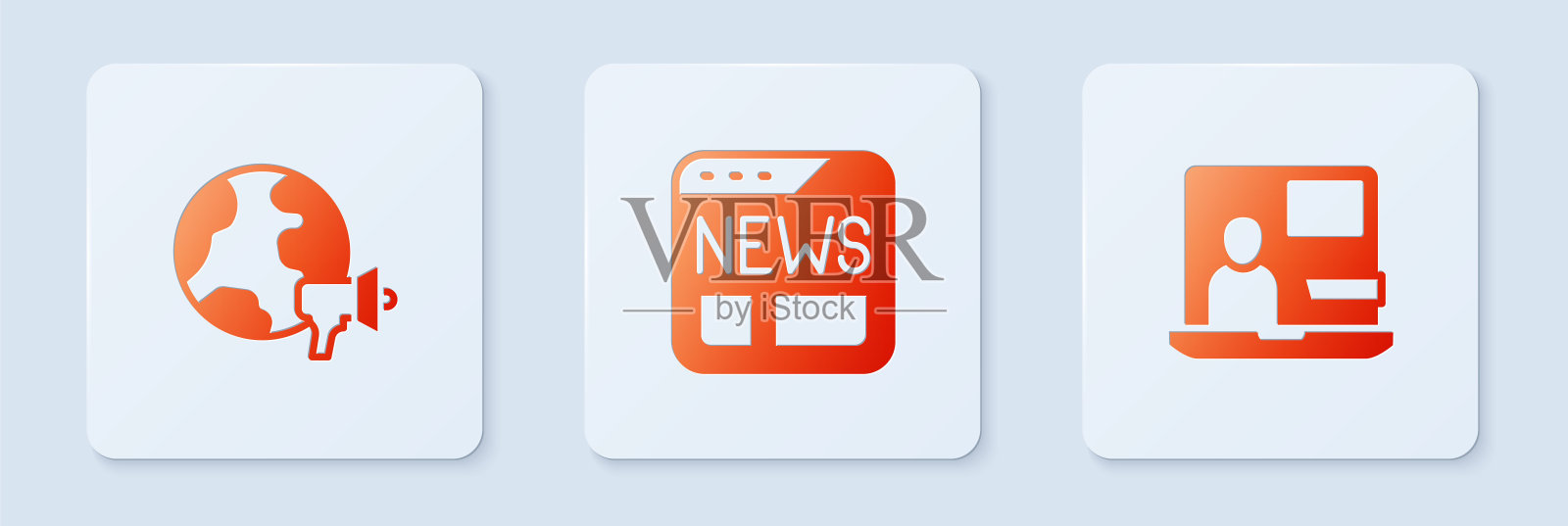 设置新闻，世界新闻和。白色正方形按钮。向量设计元素图片