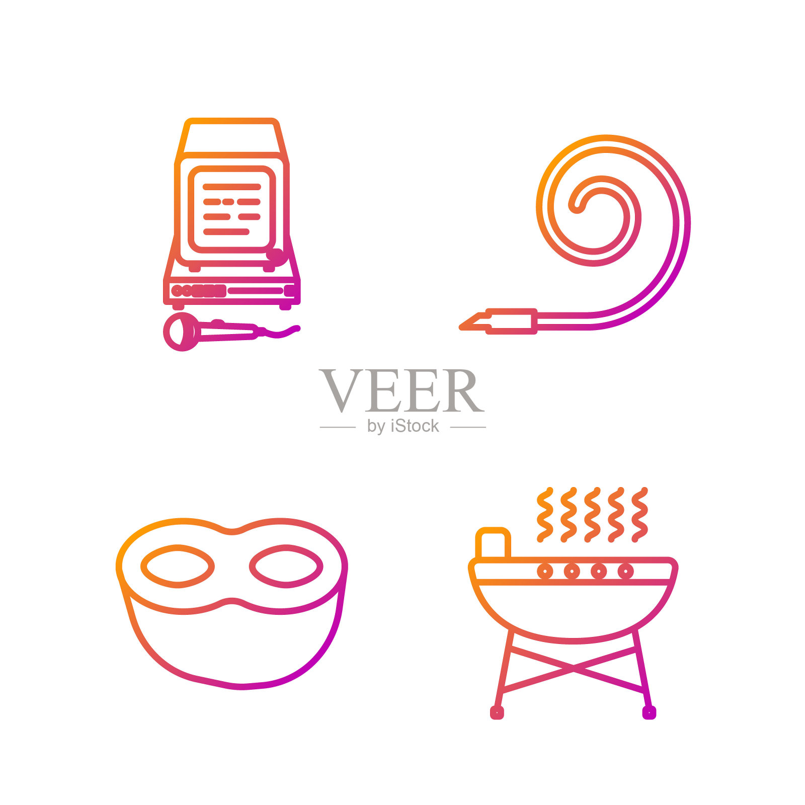 集烧烤烤架、节日面具、卡拉ok、生日派对喇叭于一体。渐变颜色图标。向量插画图片素材