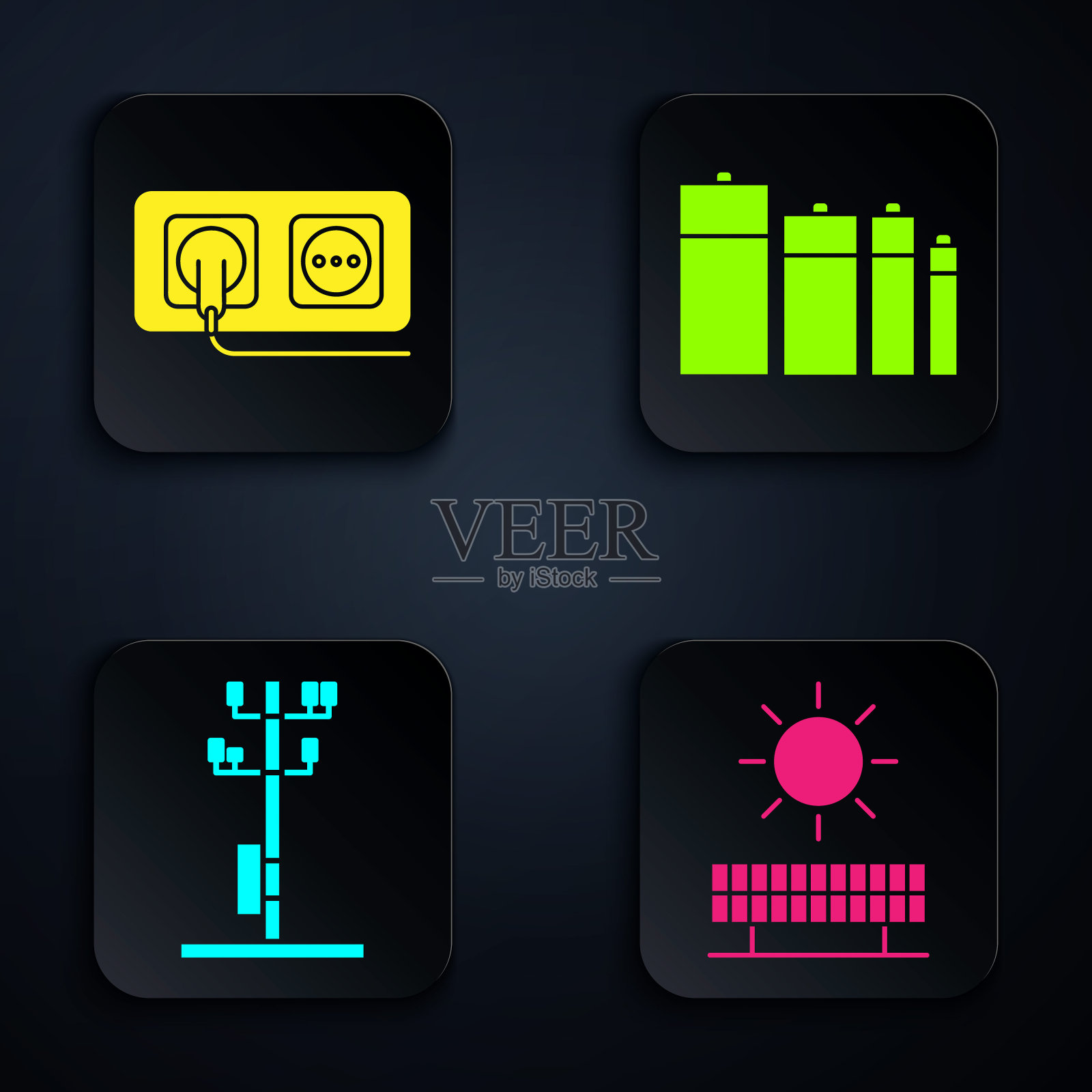 集太阳能电池板、太阳能、电源插座、高压电力线、电池于一体。黑色方形按钮。向量图标素材