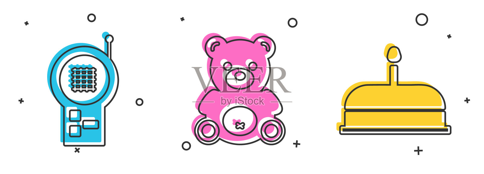 设置婴儿监视器对讲机，泰迪熊毛绒玩具和蛋糕燃烧蜡烛图标。向量插画图片素材