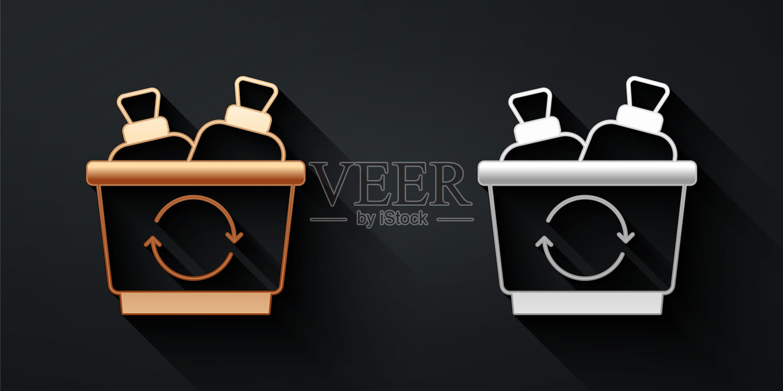 金和银回收站与回收符号图标孤立在黑色背景上。垃圾桶图标。垃圾桶的迹象。回收篮的迹象。长长的阴影风格。向量图标素材