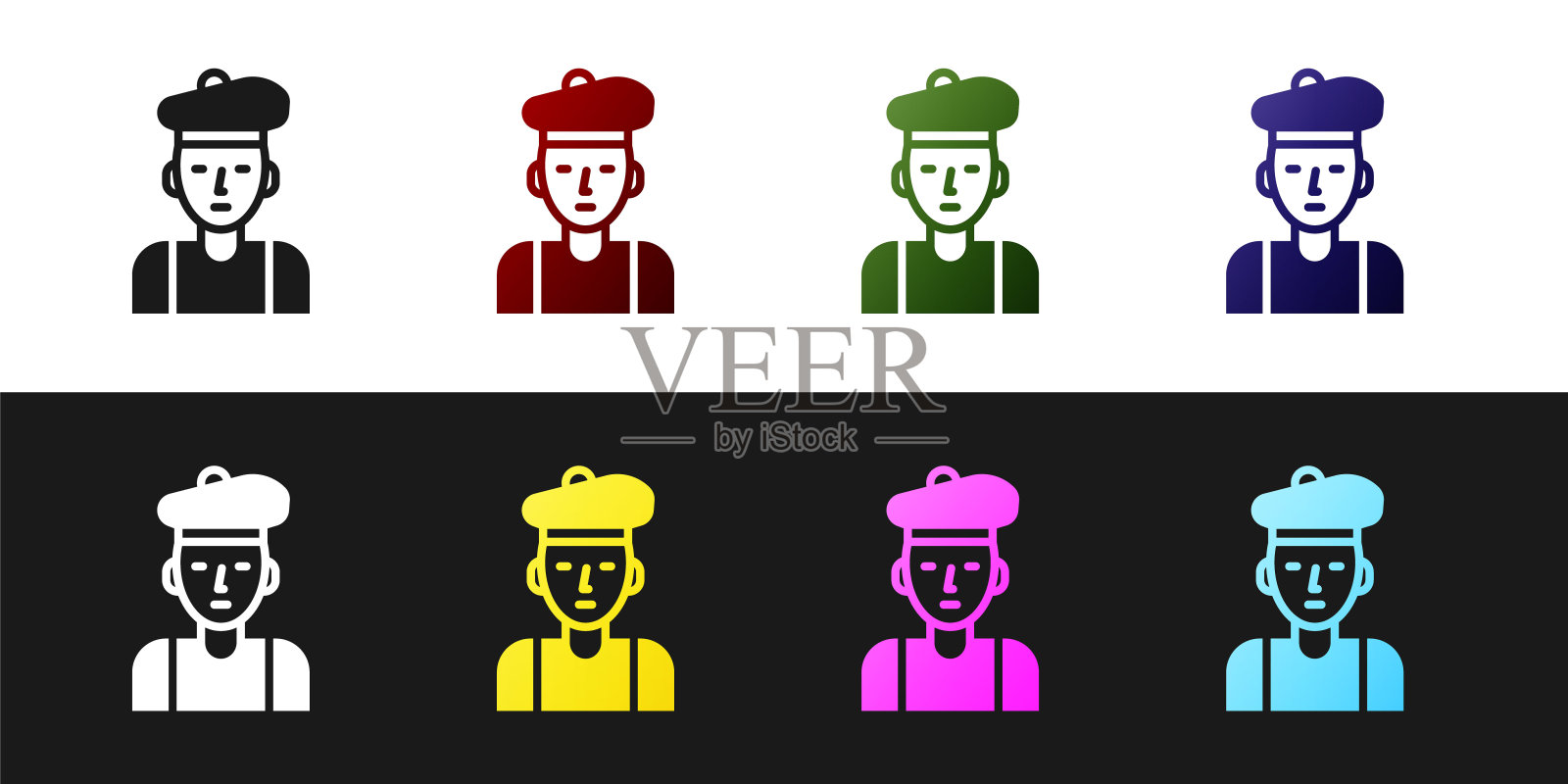 设置法国男人图标孤立在黑白背景上。向量图标素材