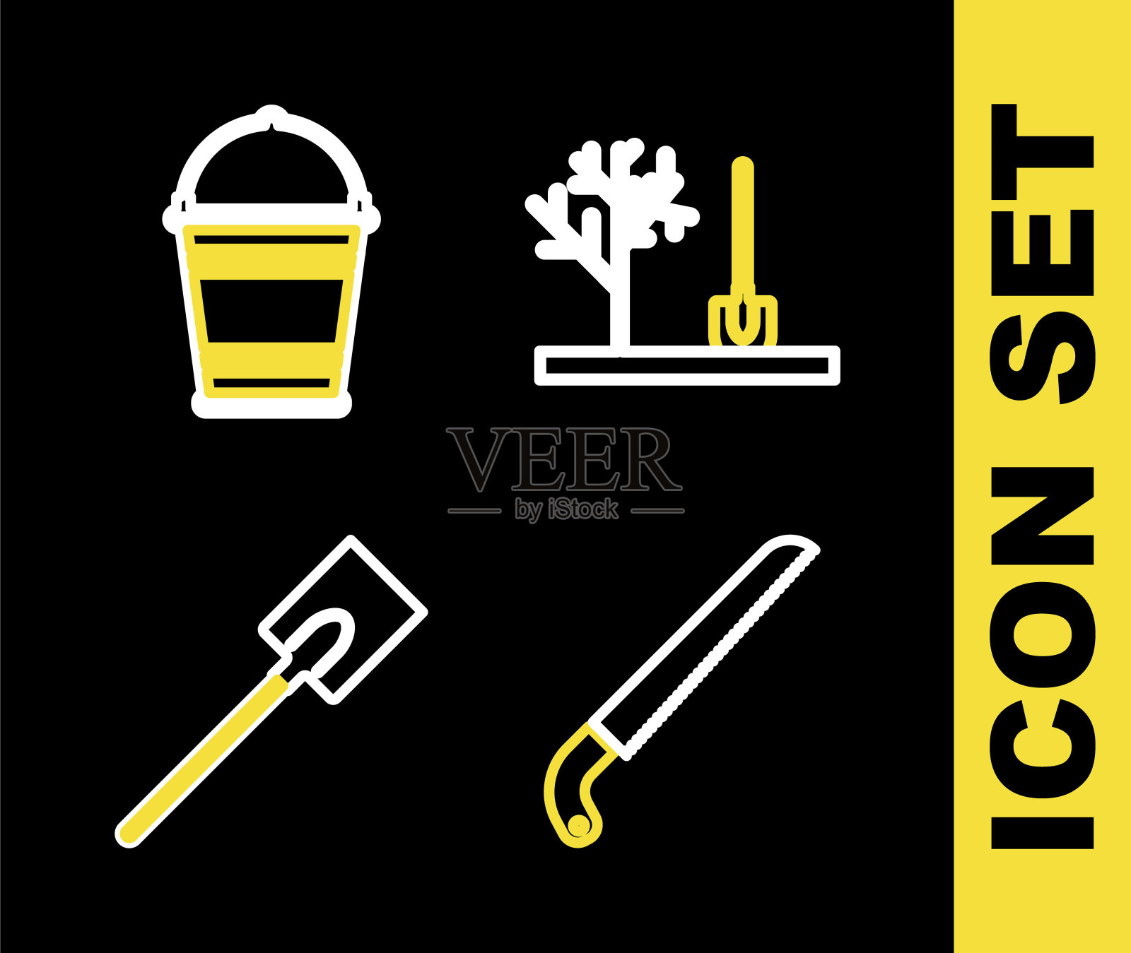 设置线种植树在地面，花园锯，铲和图标。向量插画图片素材