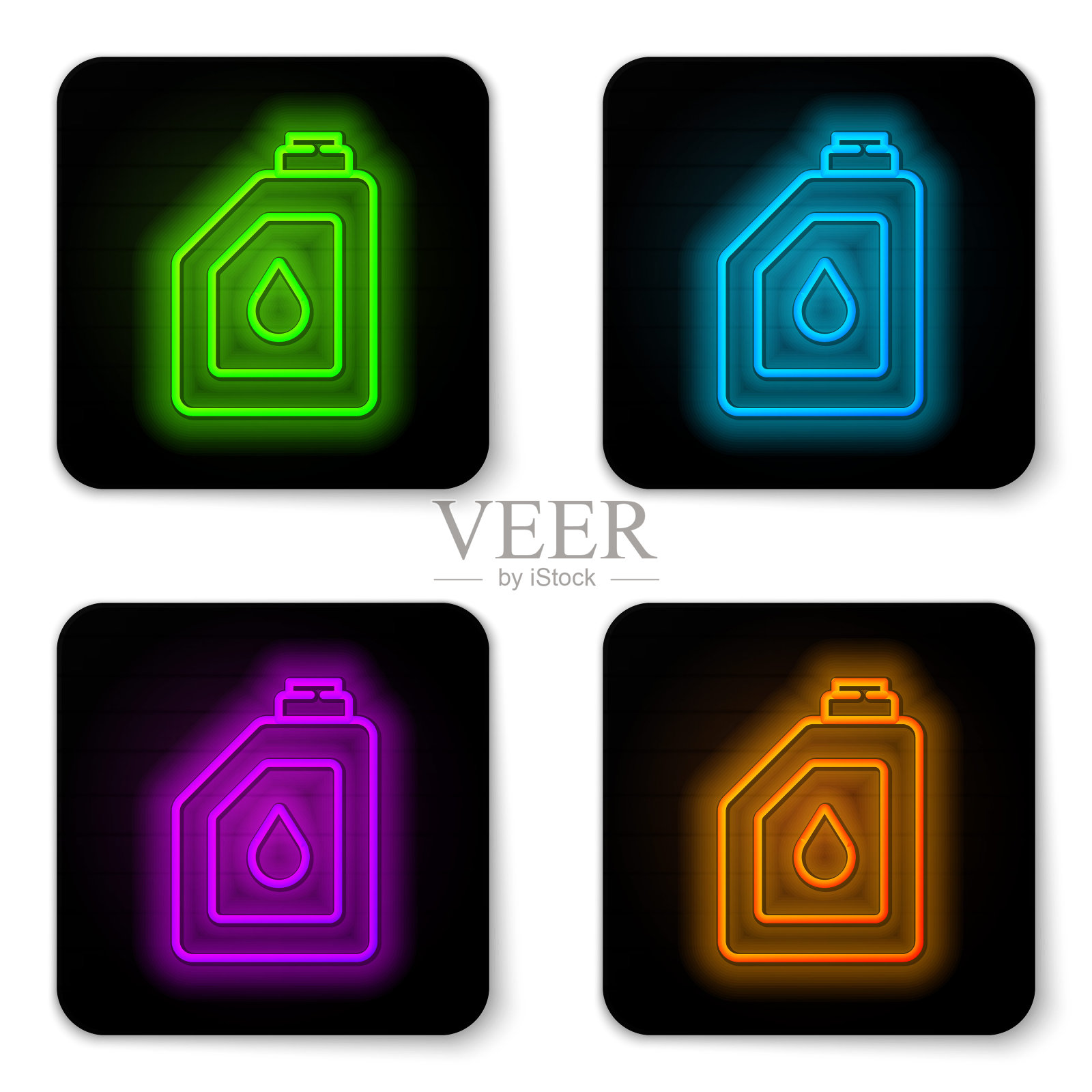 发光的霓虹灯线汽机机油图标孤立在白色背景。油价每加仑。换油服务和维修。机油的迹象。黑色方形按钮。向量图标素材