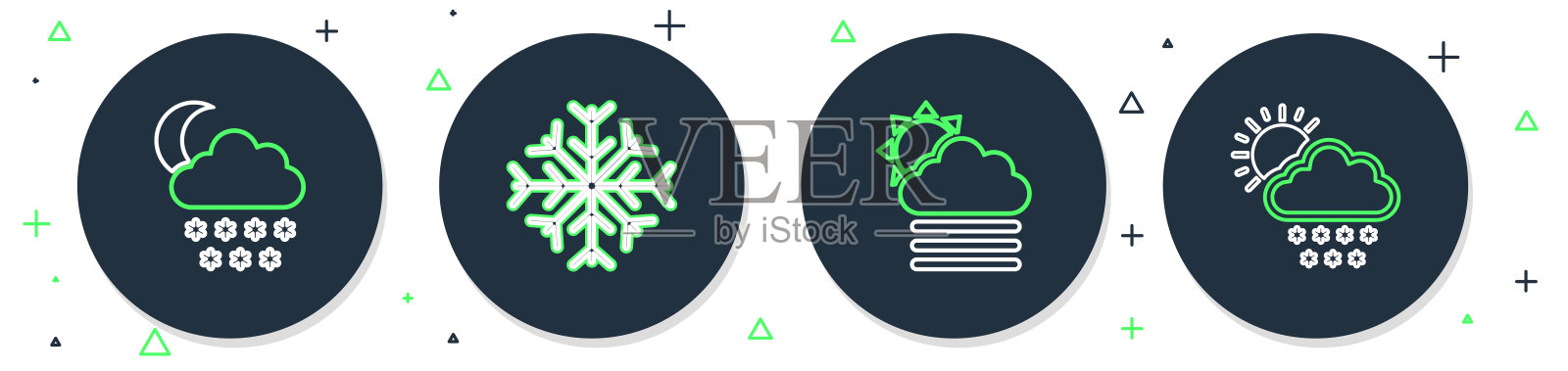 集雪花、雾、云与太阳、云、雪、月和图标于一体。向量插画图片素材