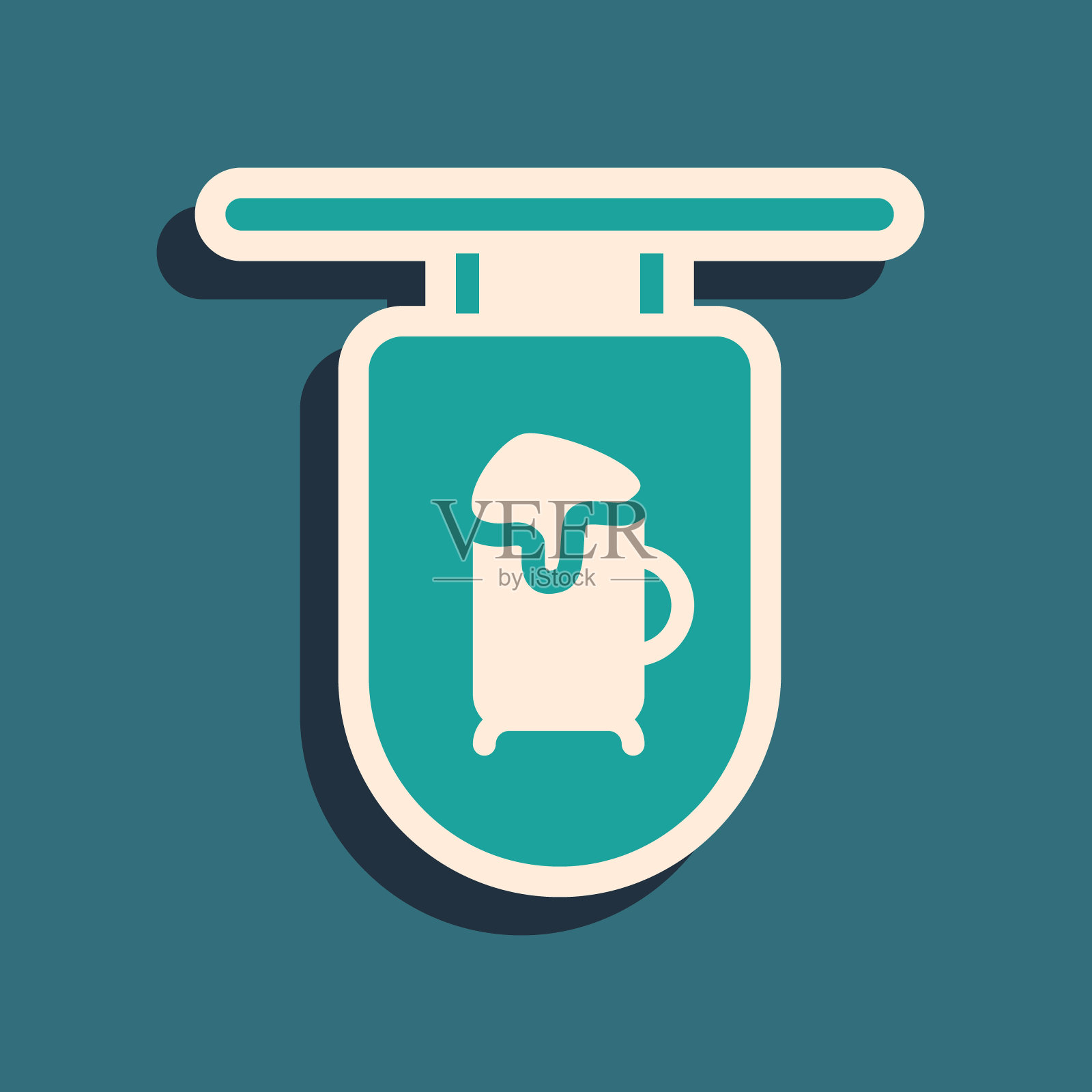 绿色街道标志牌与铭文栏图标孤立在绿色背景。适用于广告吧、咖啡厅、餐厅。长长的阴影风格。向量插画图片素材