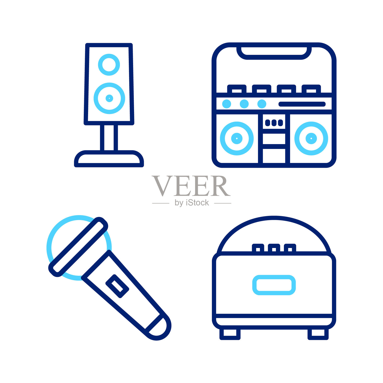 设置线立体声扬声器，麦克风，家庭立体声扬声器和图标。向量插画图片素材